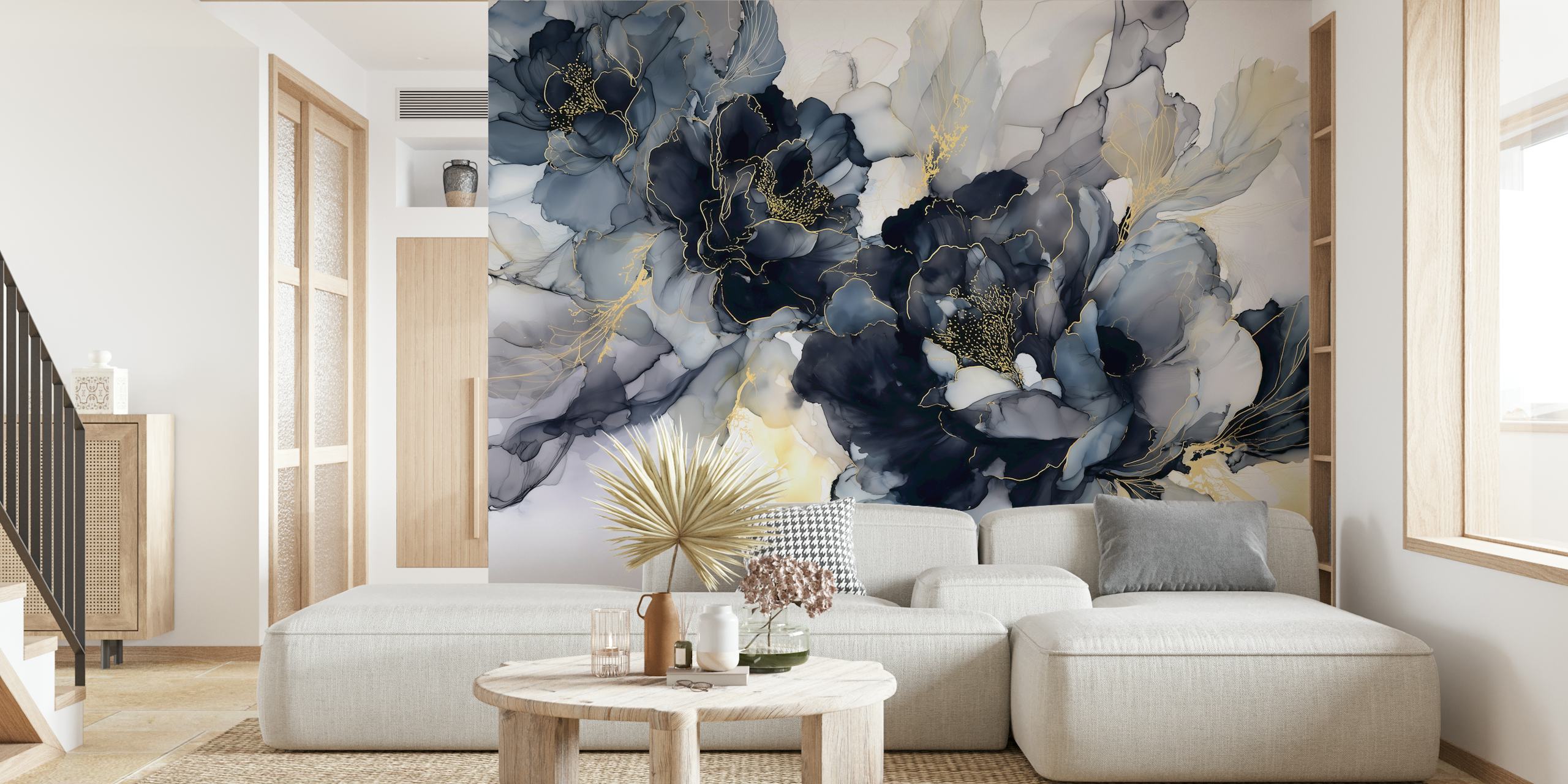 Abstract floral design in black and white with gold accents wallpaper