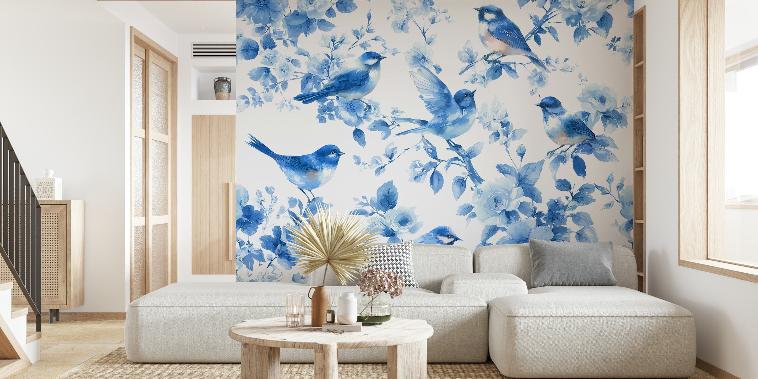 Bluebirds perched on blooming flowers in shades of blue wallpaper