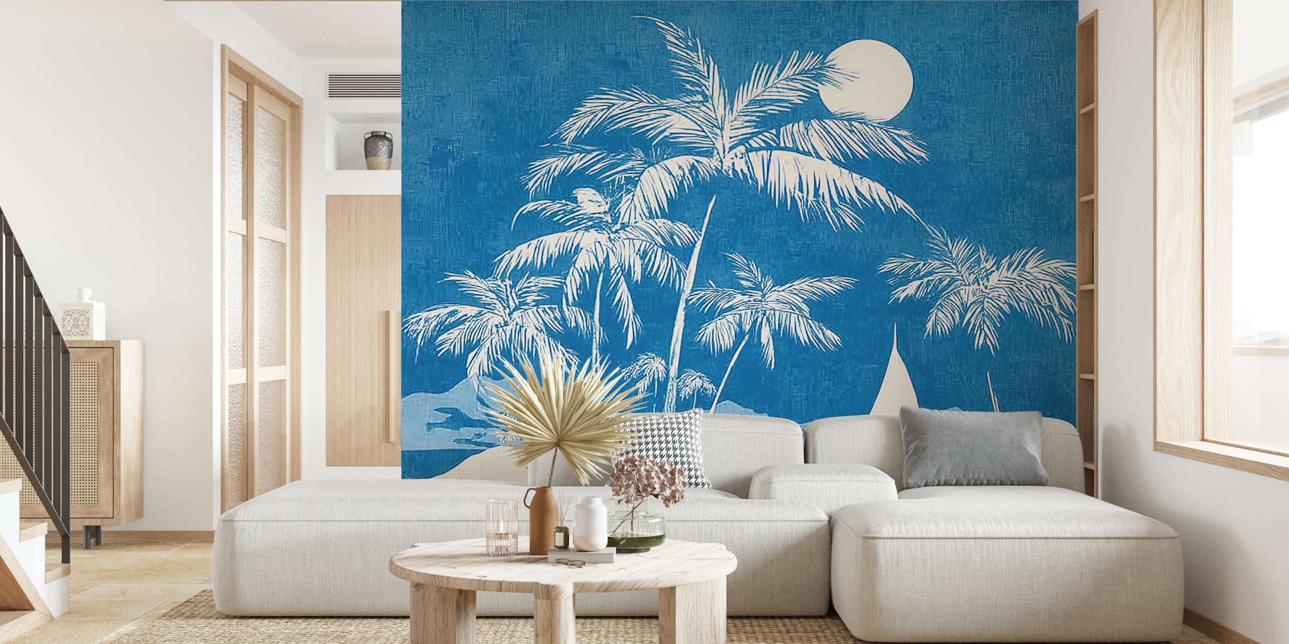 Tropical palm silhouettes against a blue background wall mural
