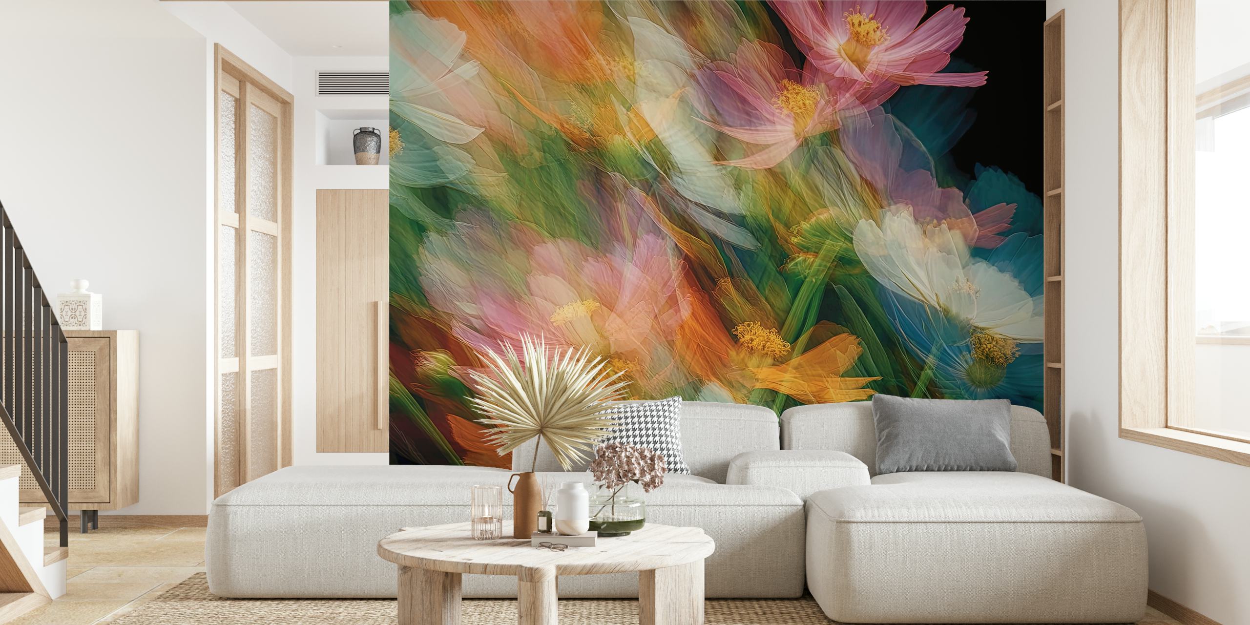 Colorful abstract floral wallpaper with pink, orange, and blue flowers.