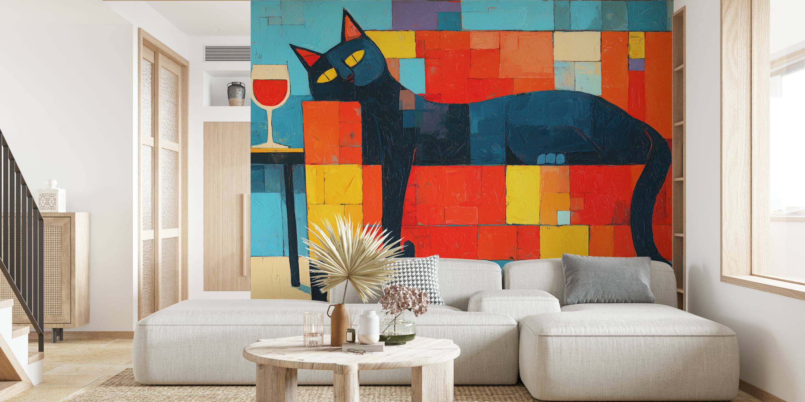 Chill cat and wine wallpaper in a room