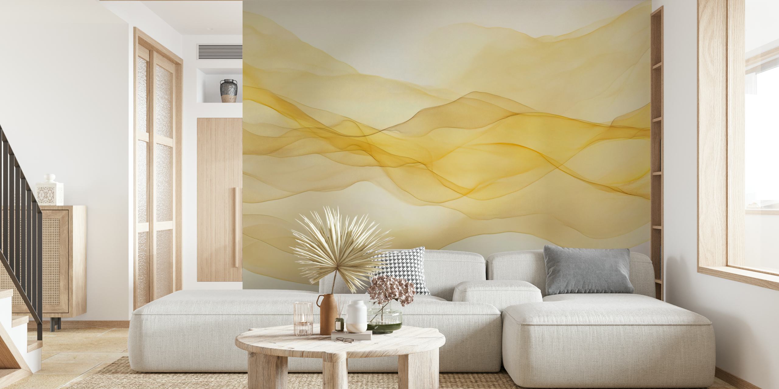 Flowing yellow waves on a soft white background wallpaper