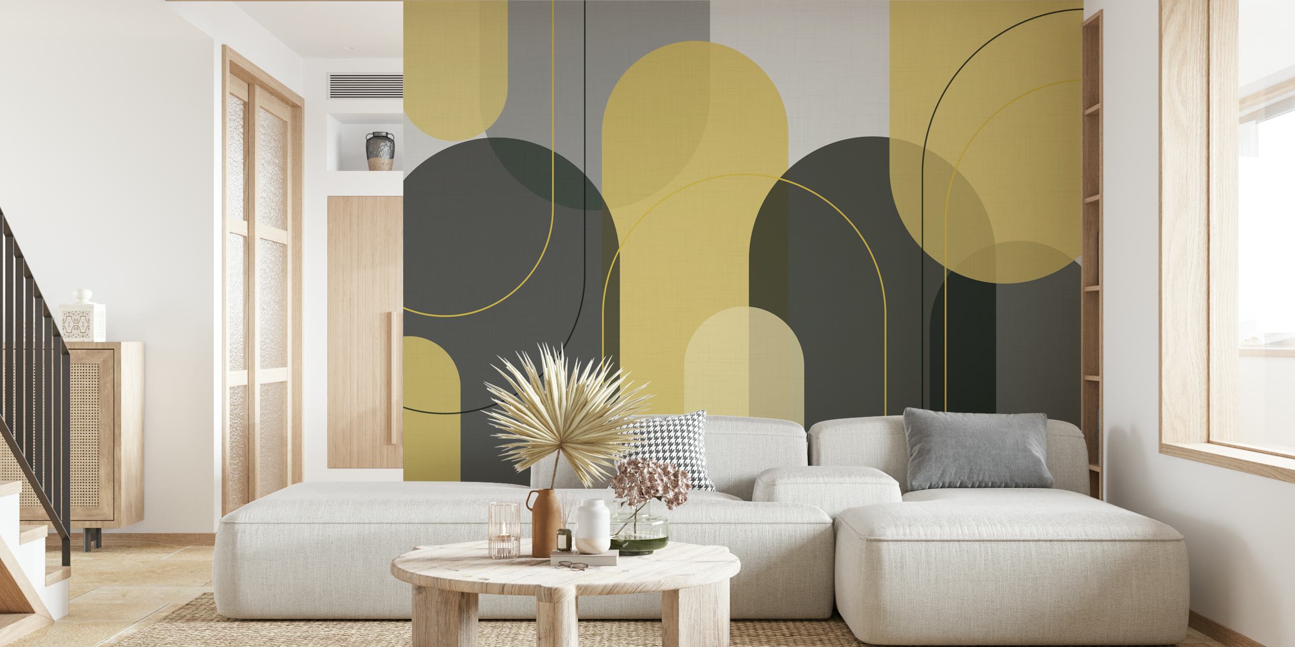 Geometric grey and yellow shapes with arches wallpaper