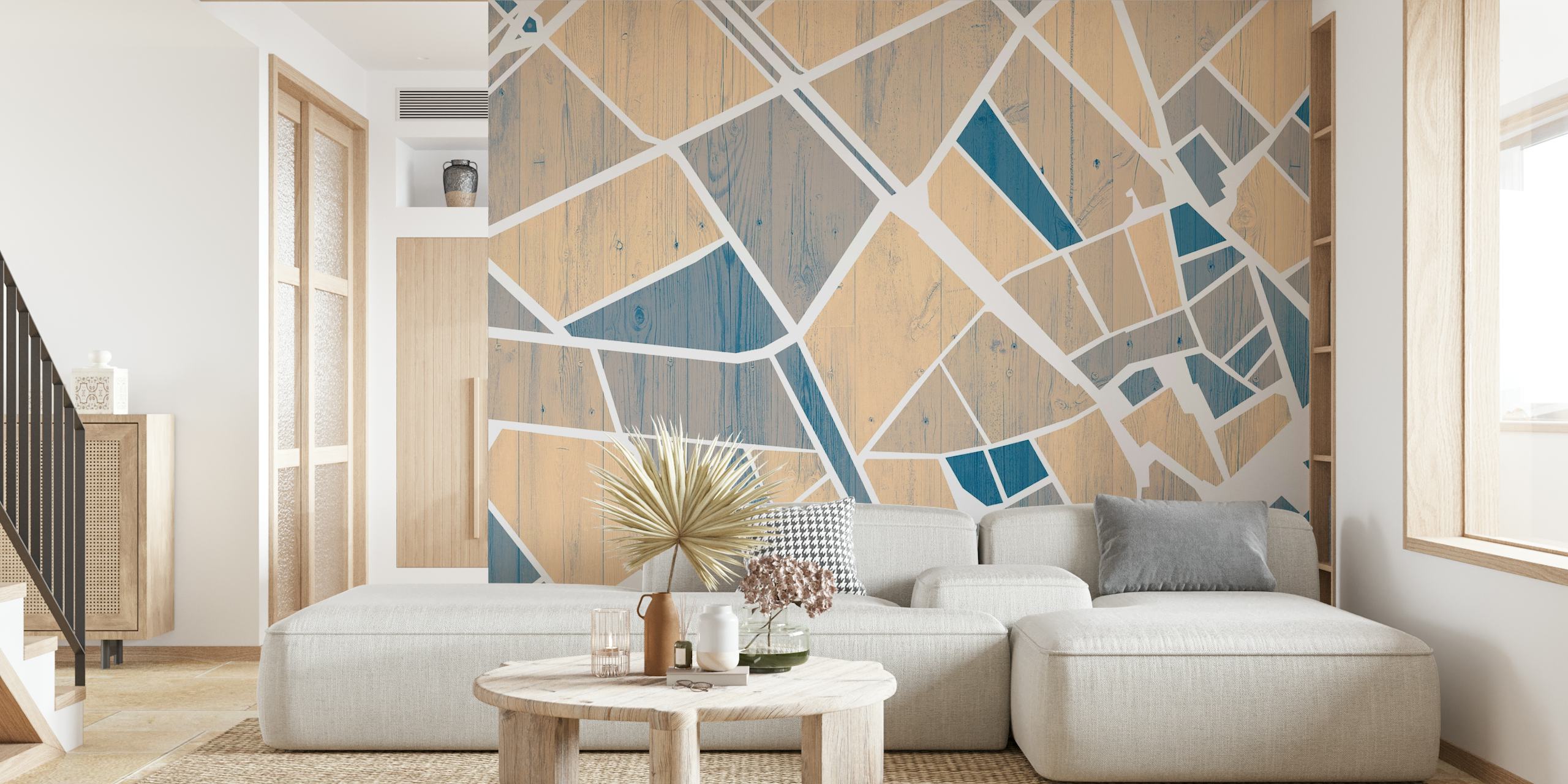 Geometric city map design in blue and beige tones wallpaper