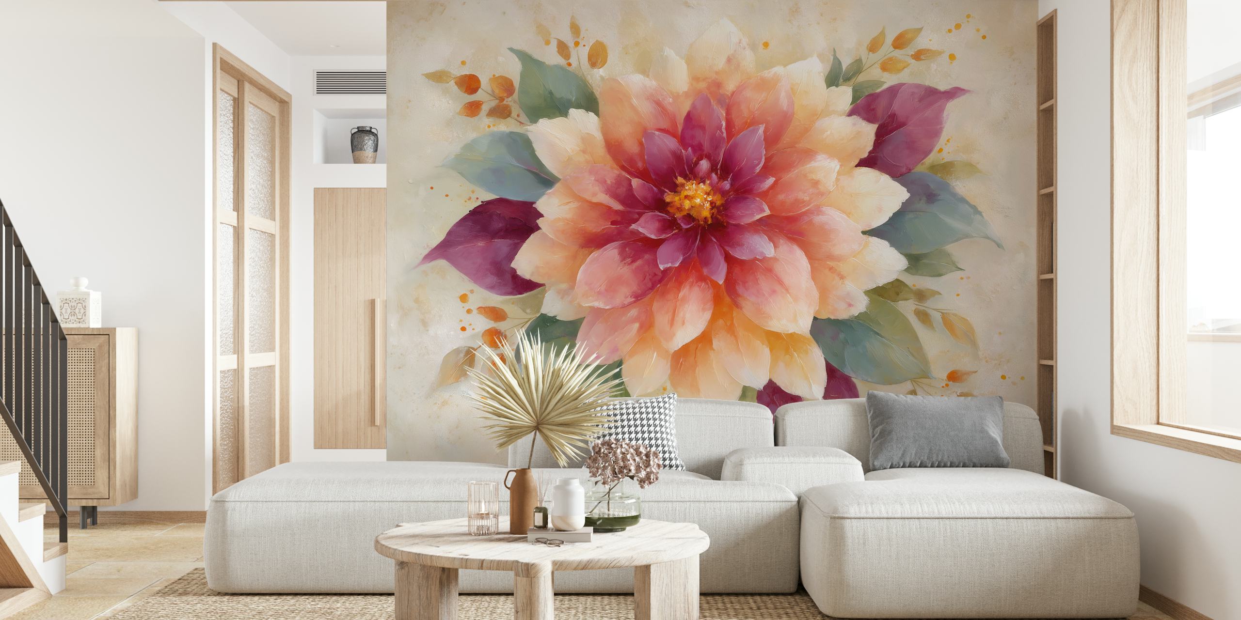 Large blooming flower with shades of pink, peach, green and cream wallpaper