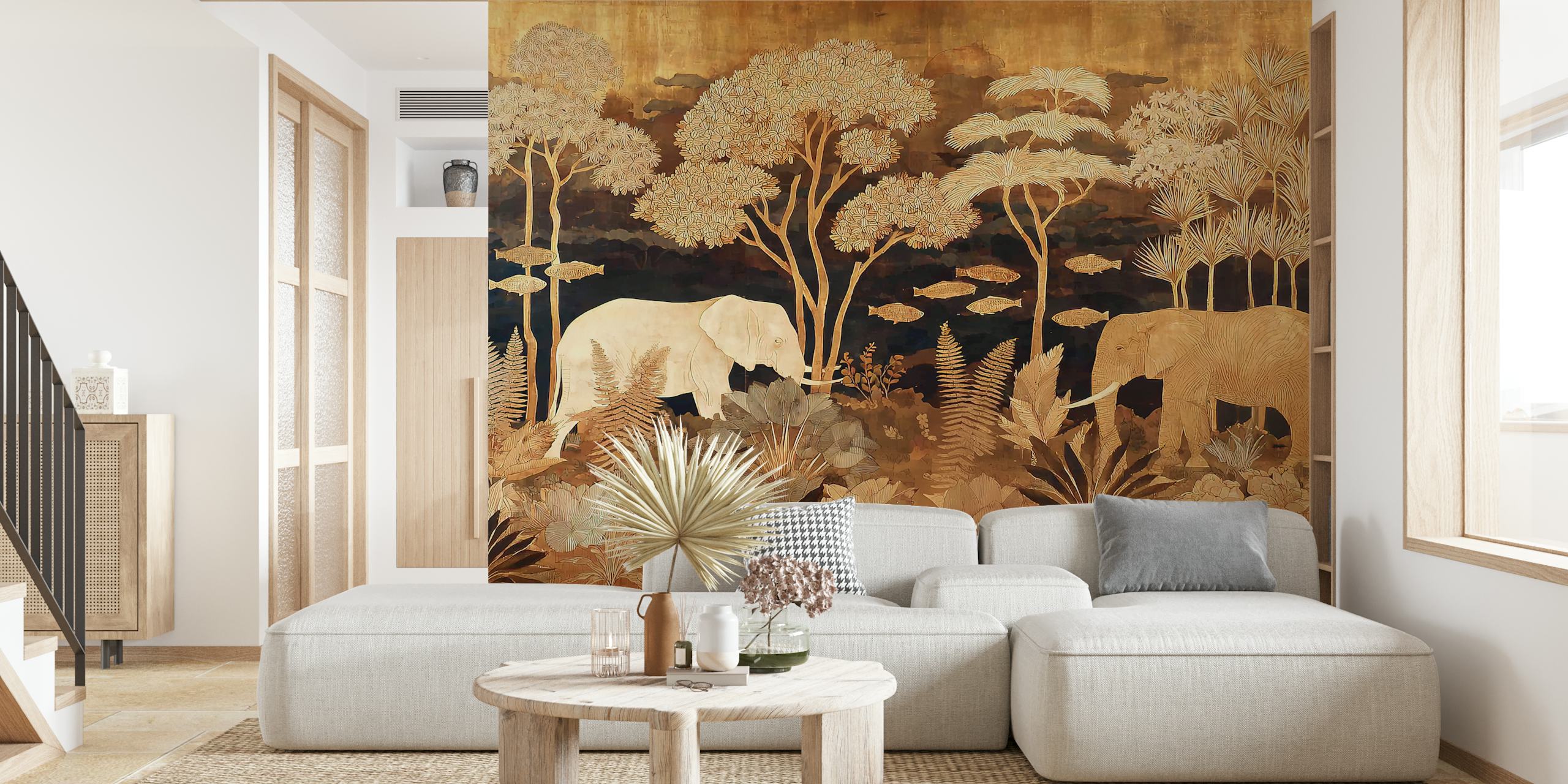 Ταπετσαρία Golden Jungle 1 με ελέφαντες και δέντρα