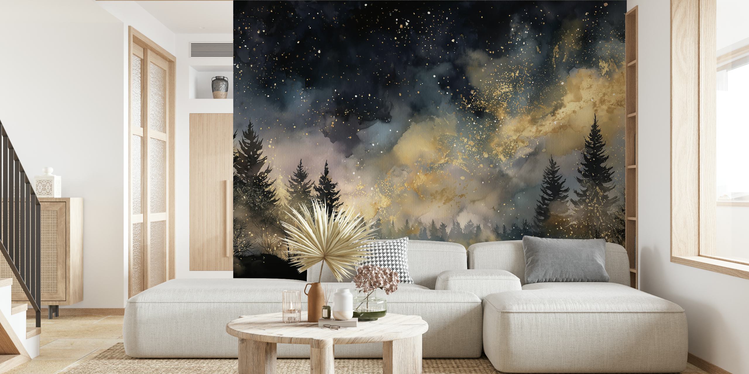 Starry night forest with dark blue hues and golden accents wallpaper
