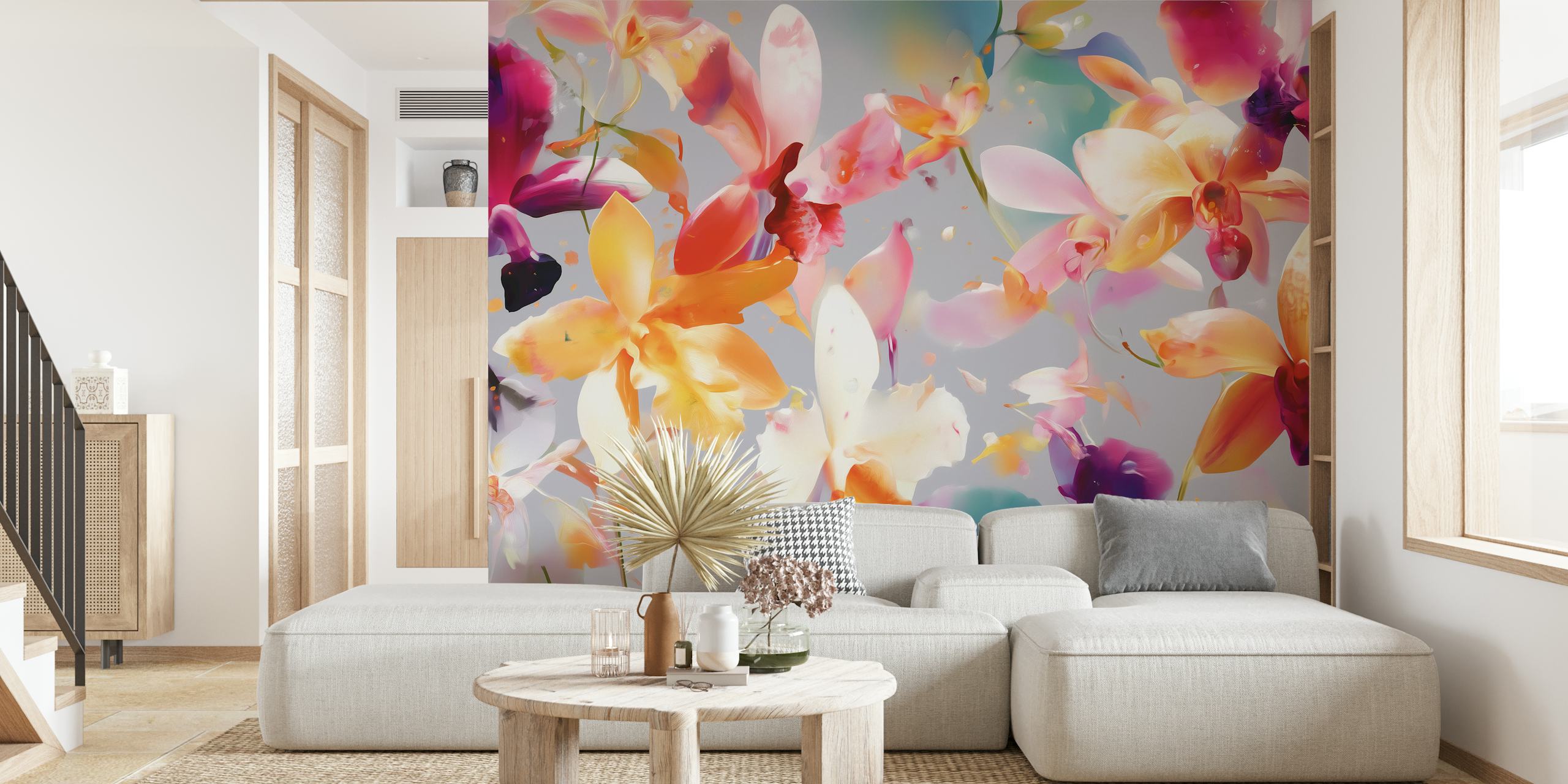 Vibrant orchid blooms wallpaper in a room