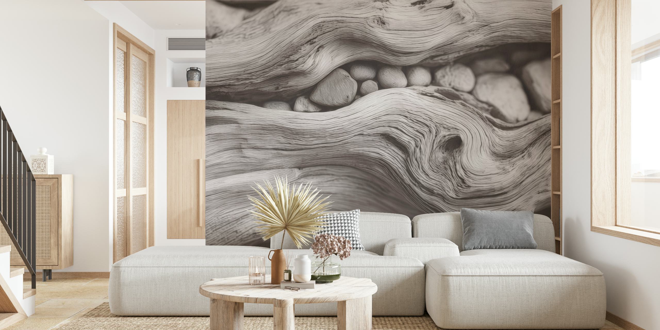 Pebble Driftwood Coastal Calm wallpaper in a room