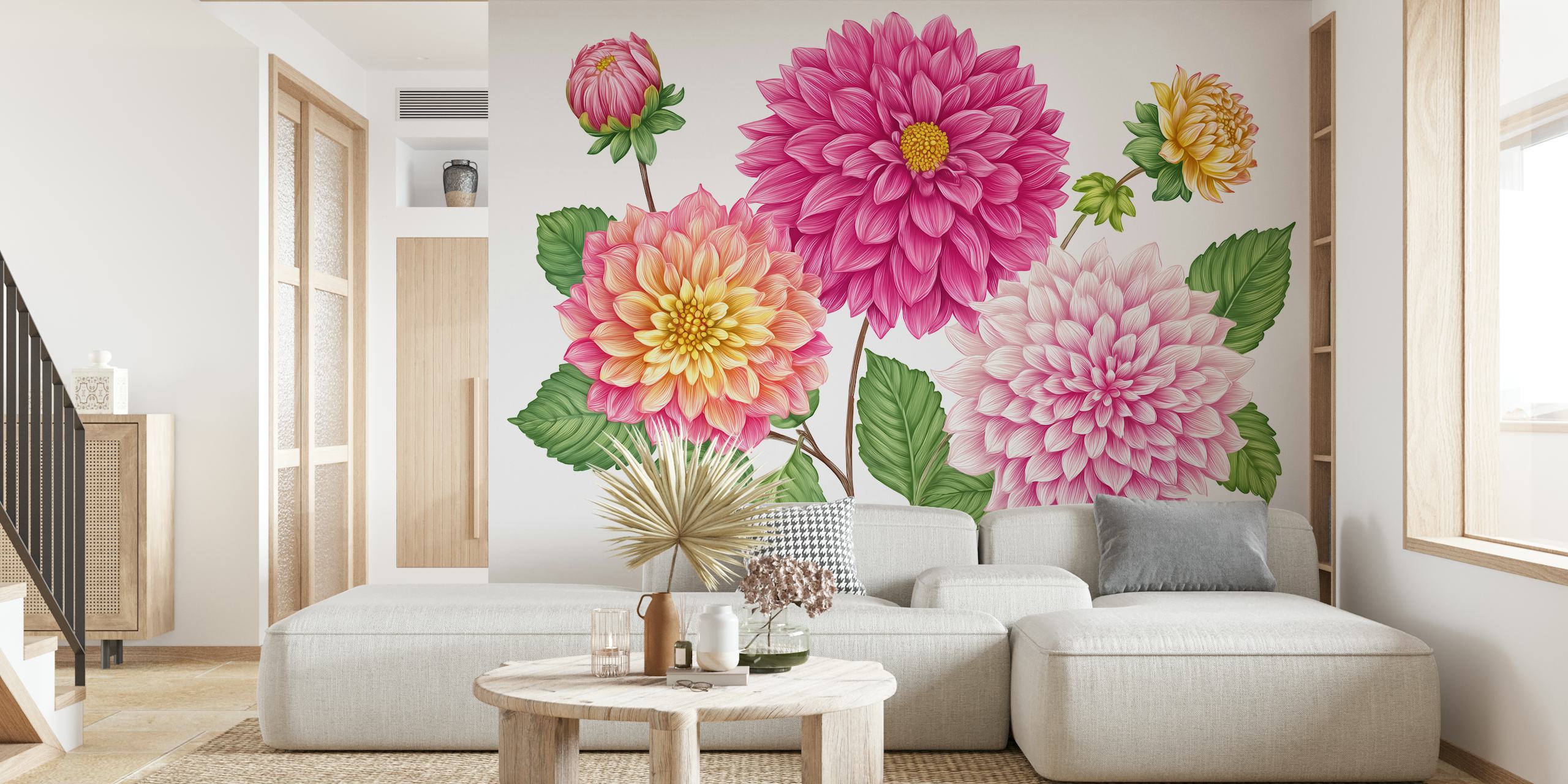 Large pink and orange dahlia flowers with green leaves wallpaper