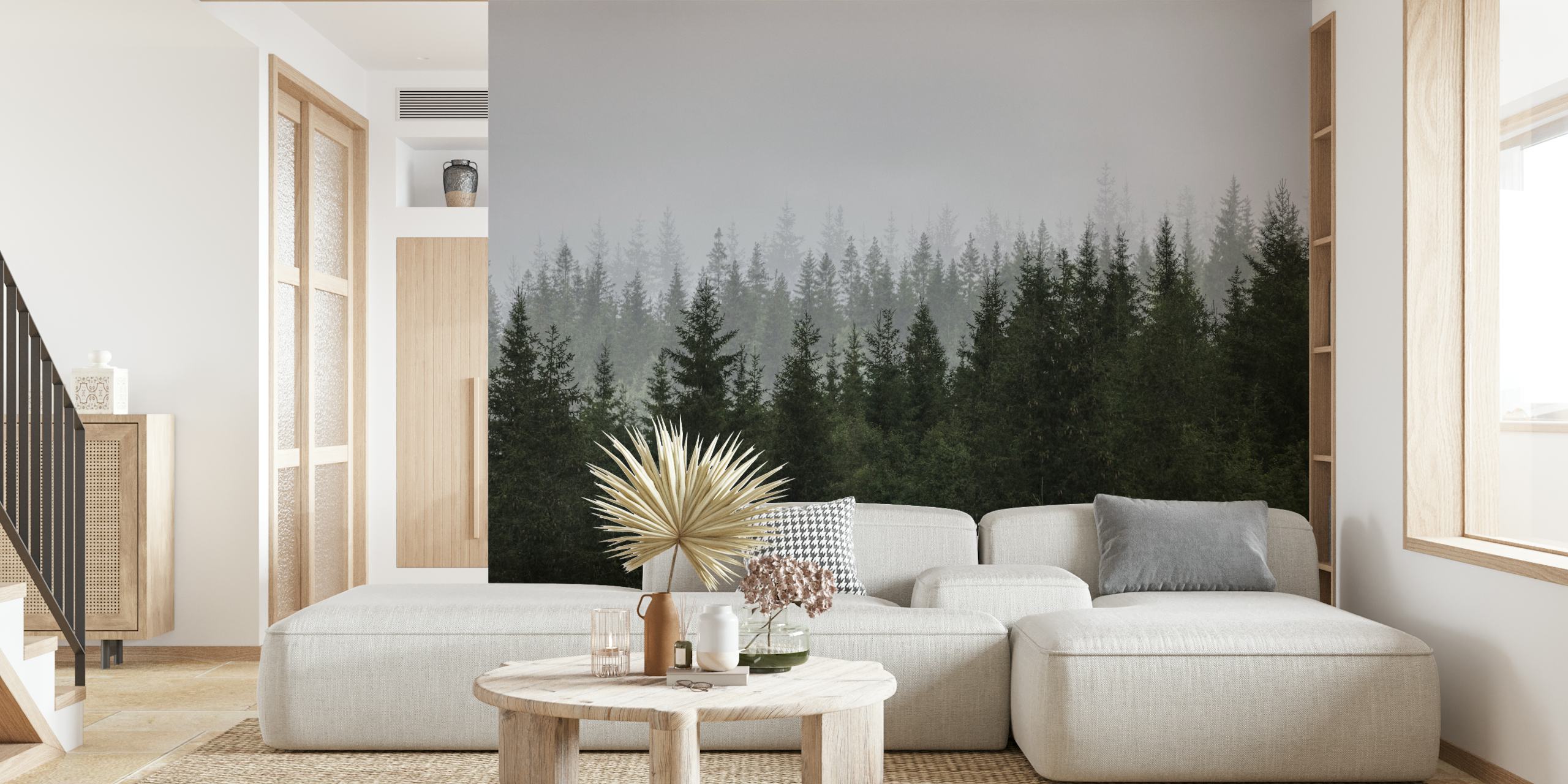 Dense evergreen trees shrouded in misty fog wallpaper
