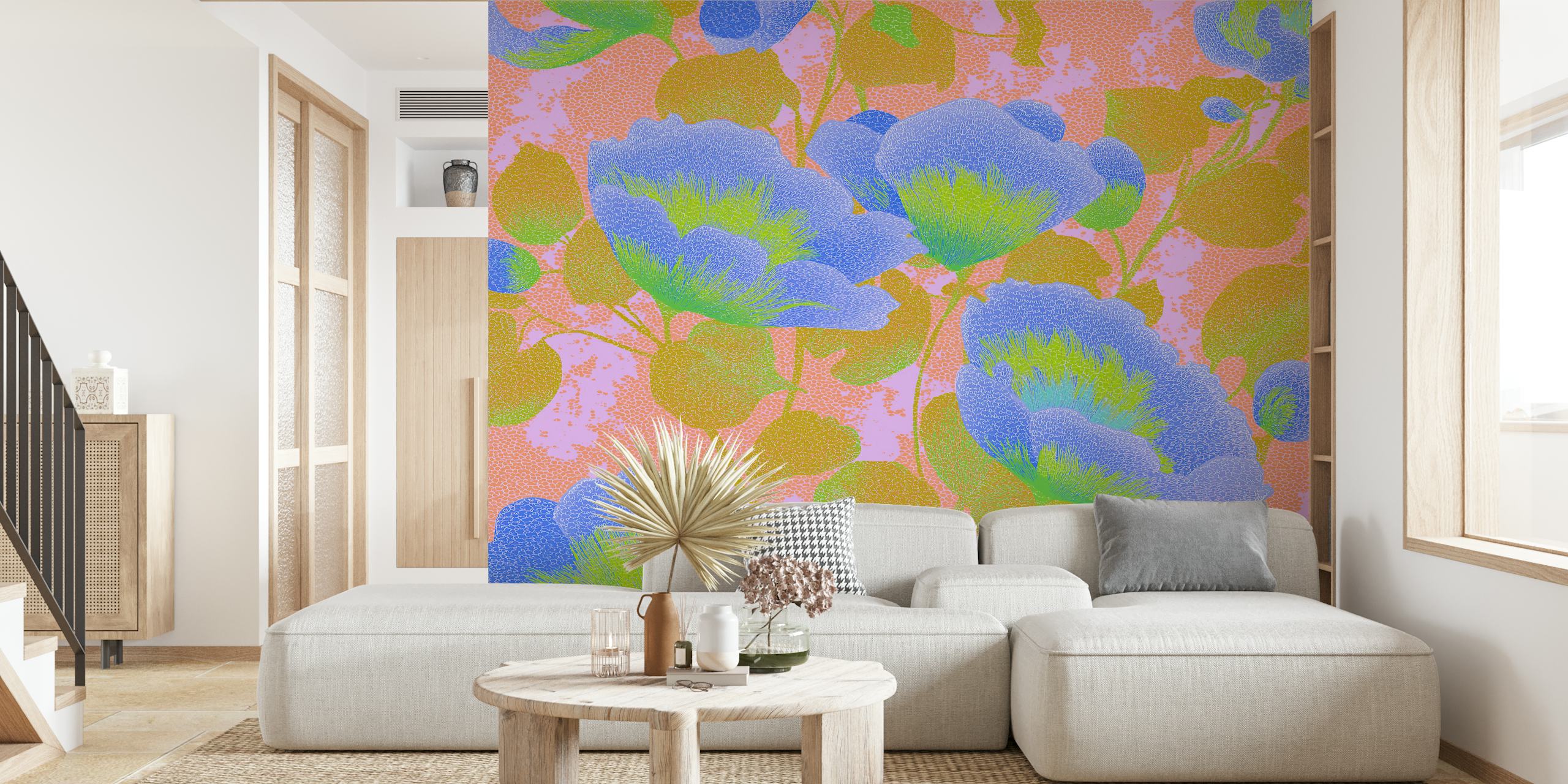 Large blue blossoms and green leaves on a pink background wallpaper
