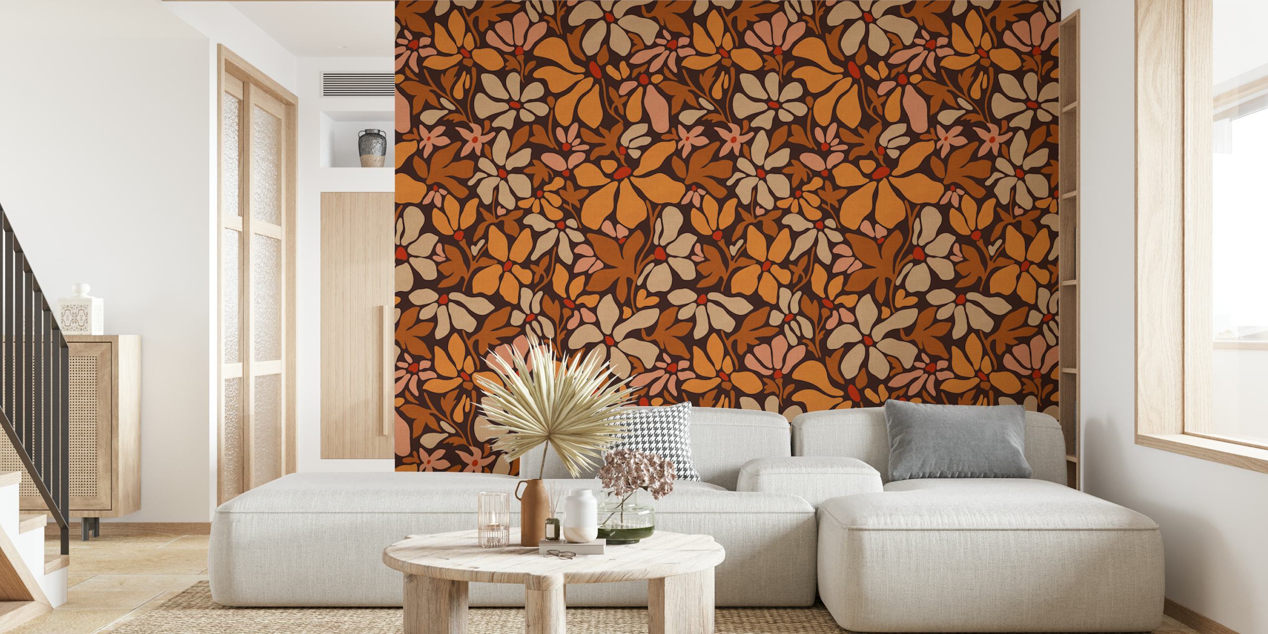 Retro floral garden pattern in dark orange and brown wallpaper
