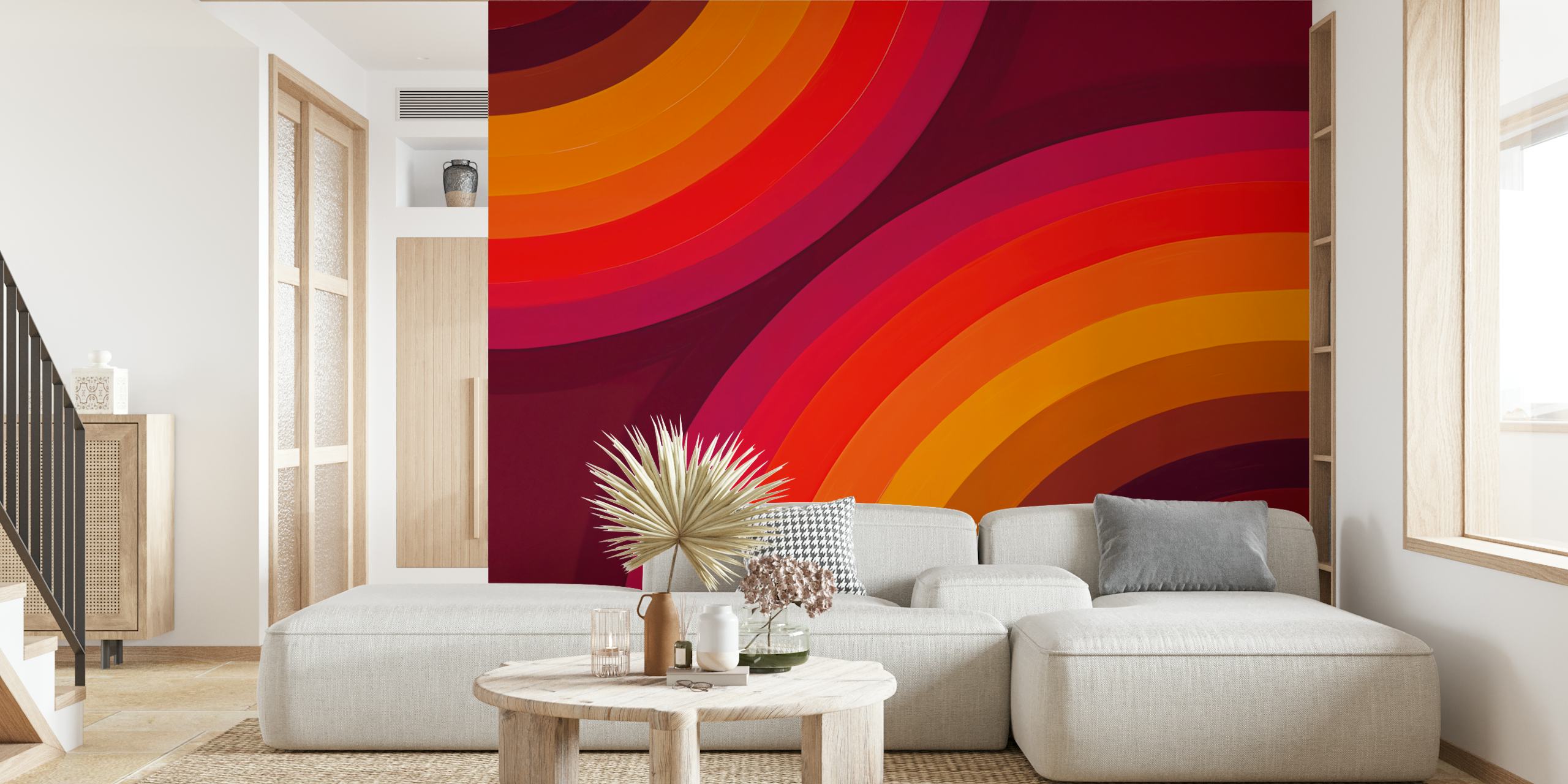 Colorful curved rainbow stripes in orange, red, and yellow wallpaper
