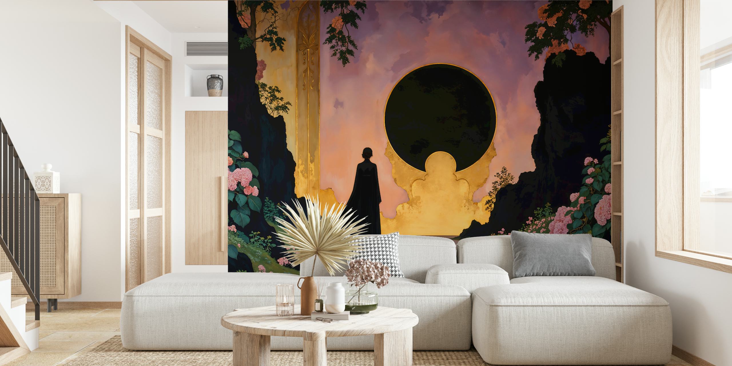 Silhouette of a figure in front of a gold and pink sunset with floral elements. Mystical garden wallpaper.