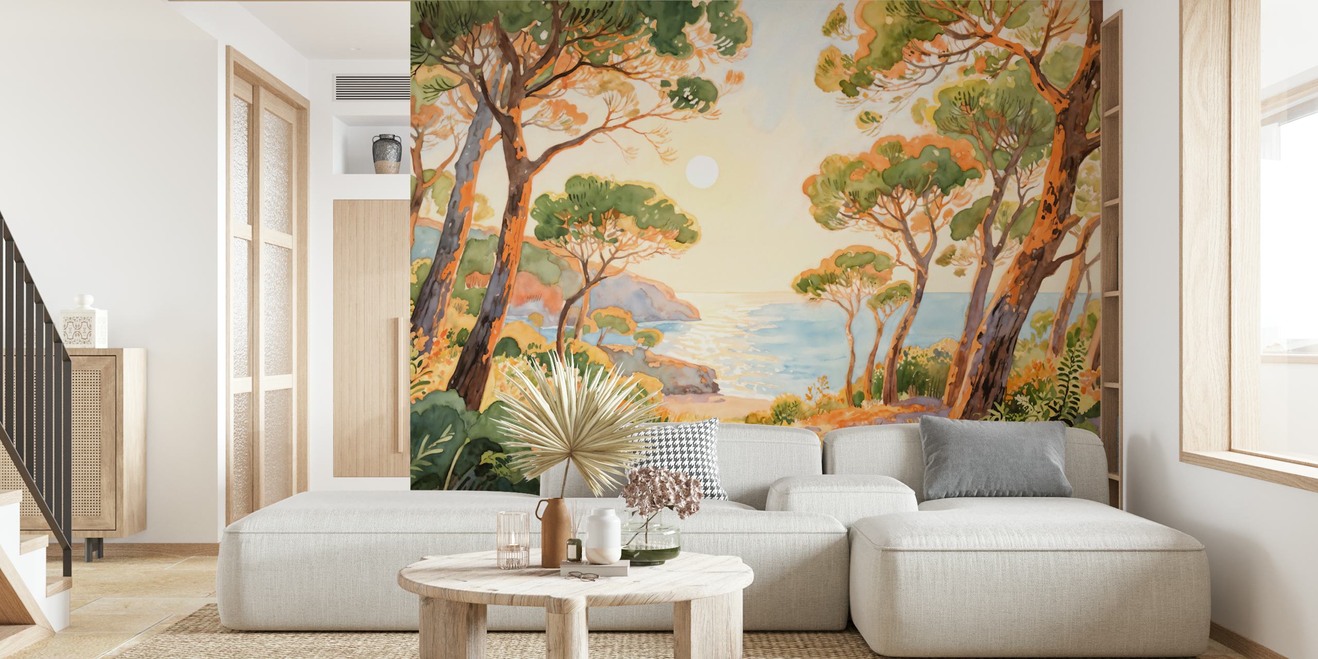 Coastal forest scene with trees and sunset colors wallpaper