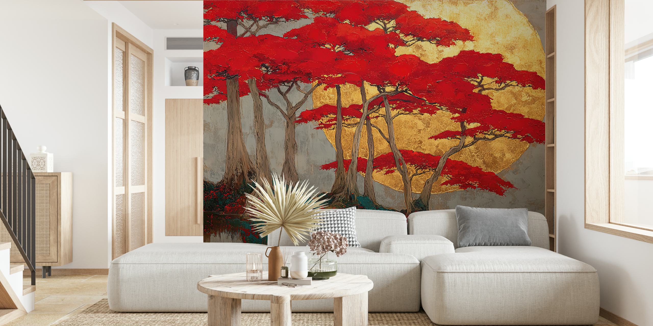 Red trees with golden background wall mural wallpaper