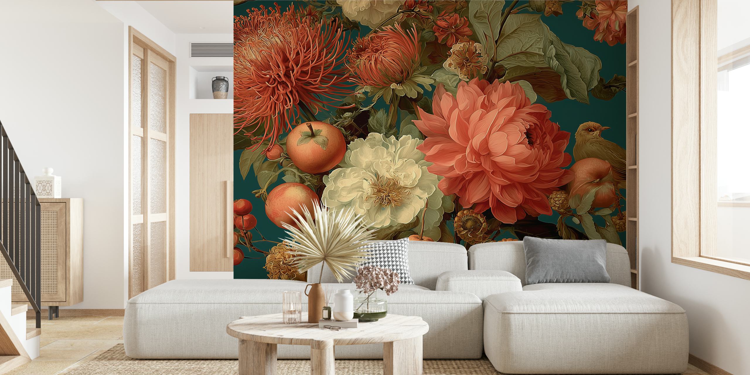 Autumn floral design with vibrant flowers and fruits in earthy colors wallpaper