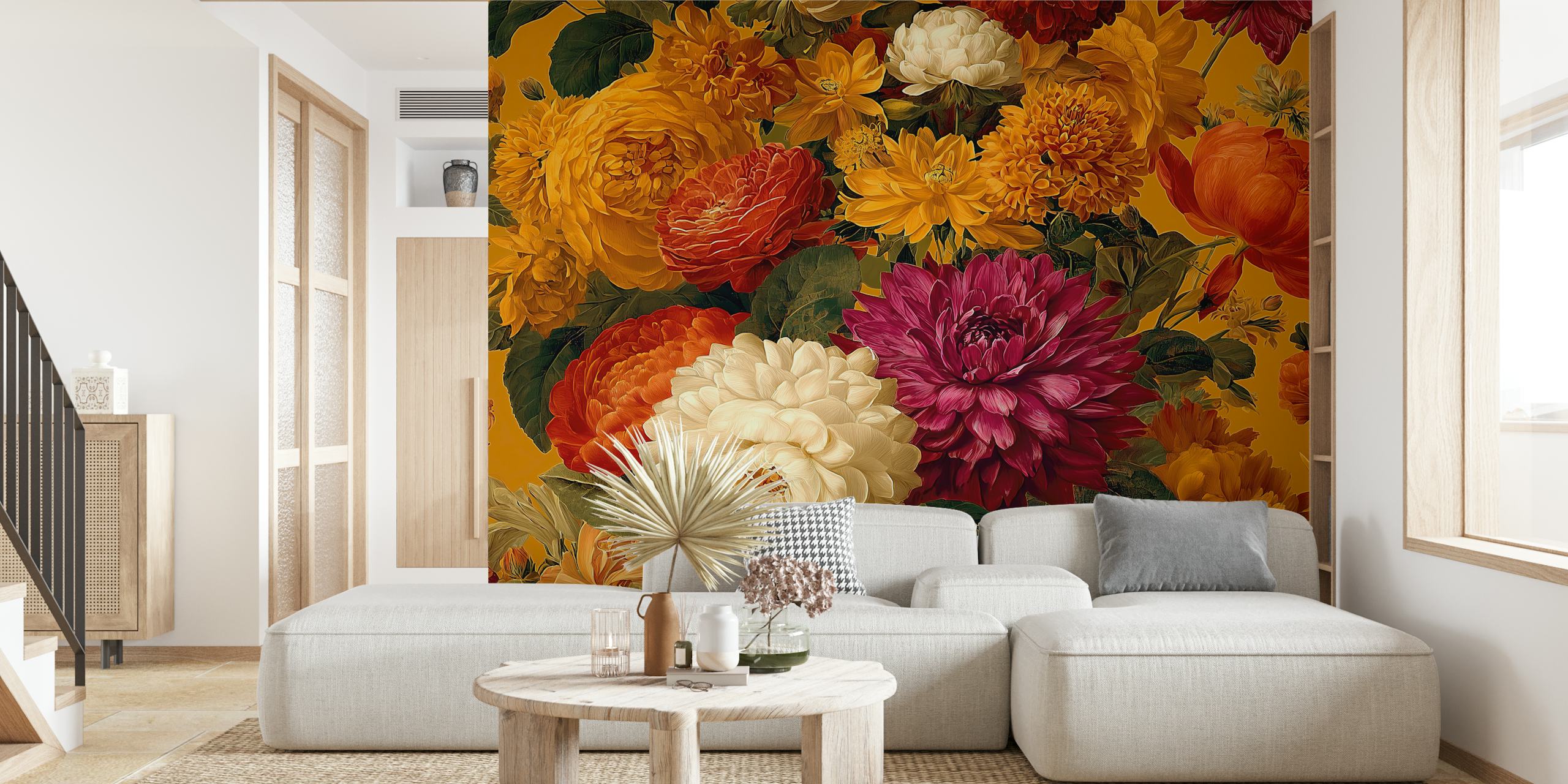 Colorful floral wallpaper featuring orange, yellow, and purple flowers