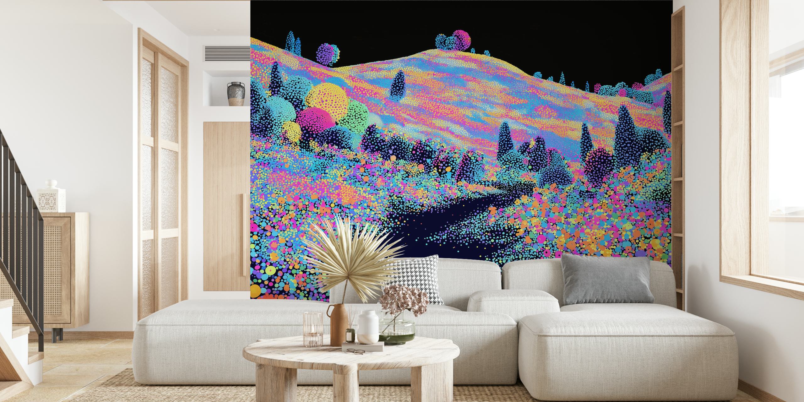 Pointillist landscape with colorful dots on black background wallpaper