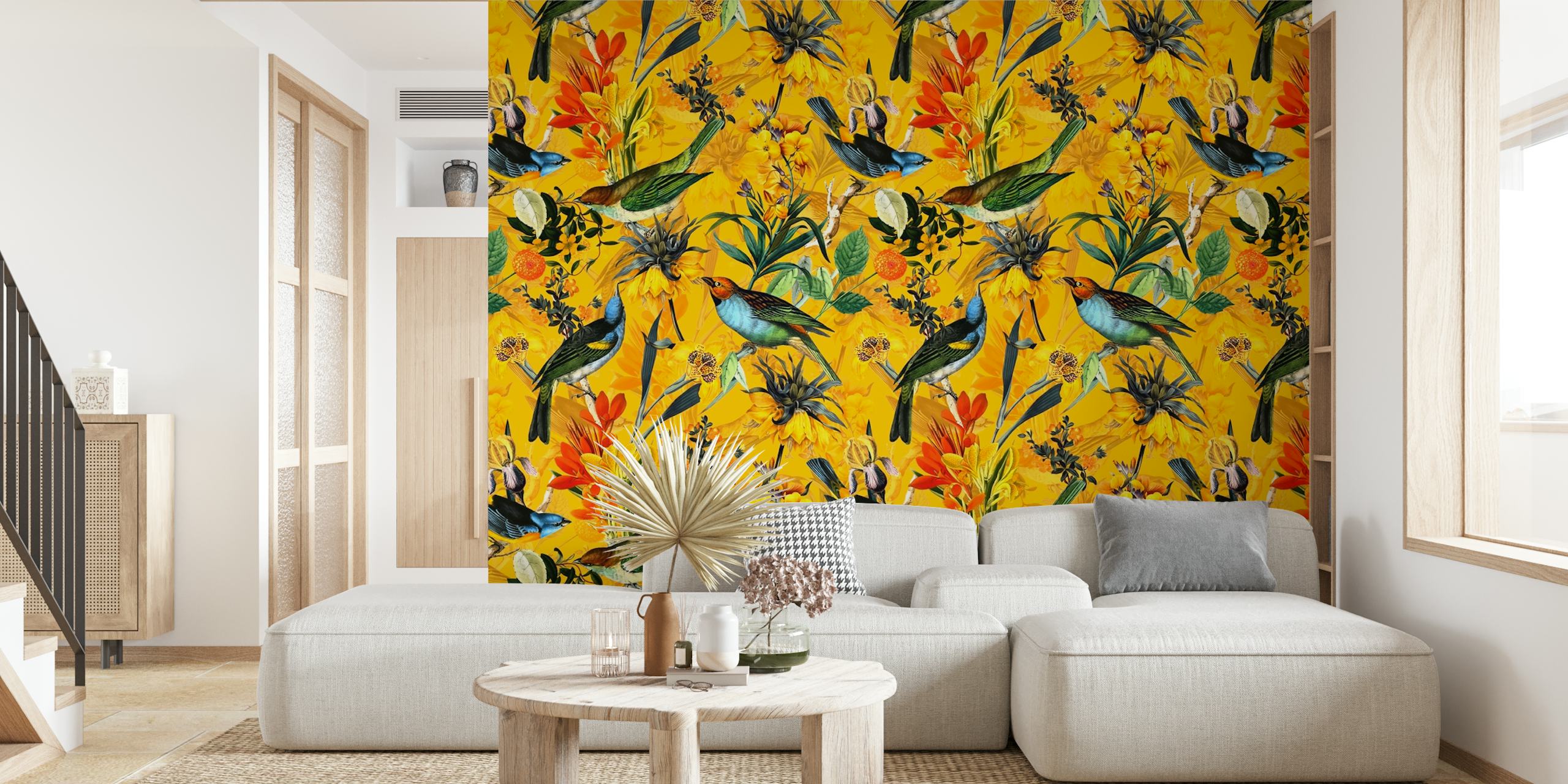 Papel de parede Exotic Yellow Bird Garden em um quarto