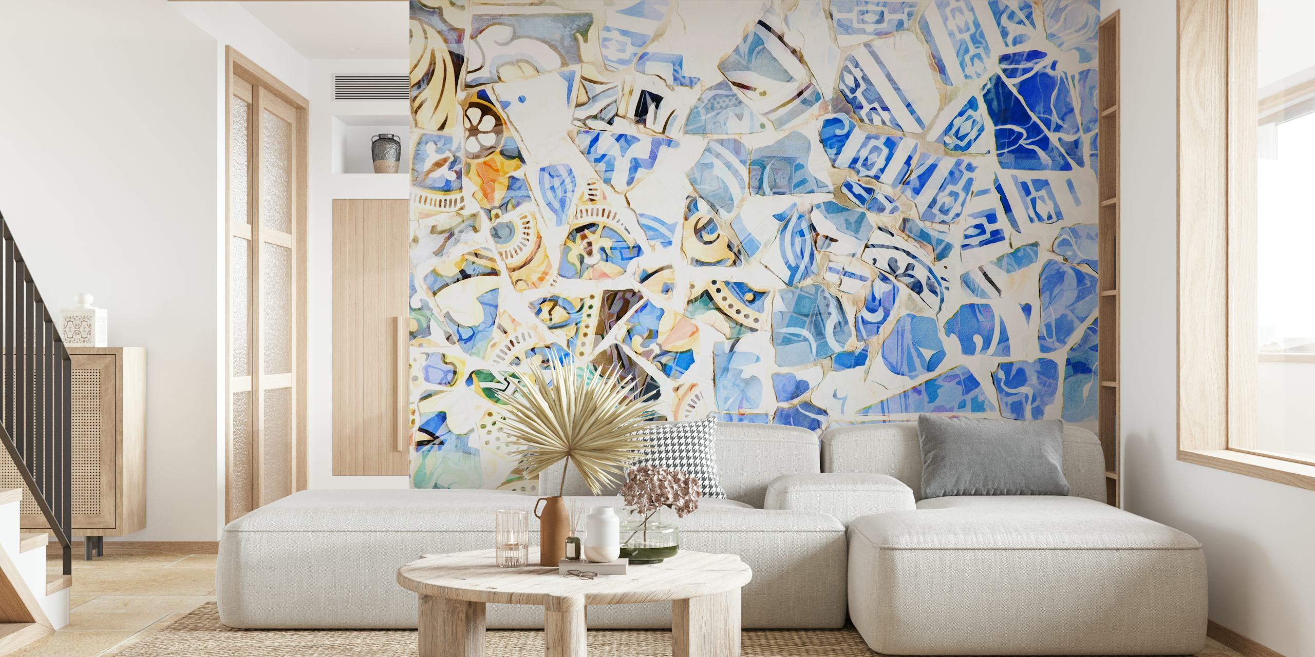 Colorful mosaic pattern in shades of blue and white wallpaper
