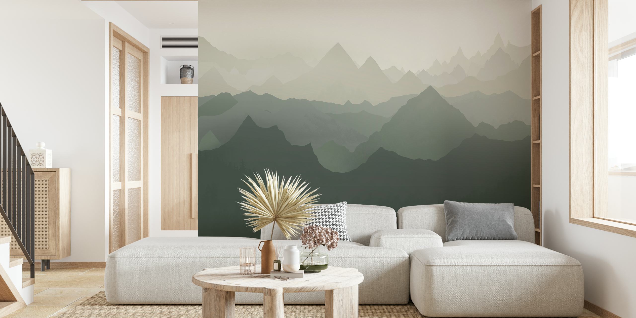 Layered mountain landscape in green tones wallpaper