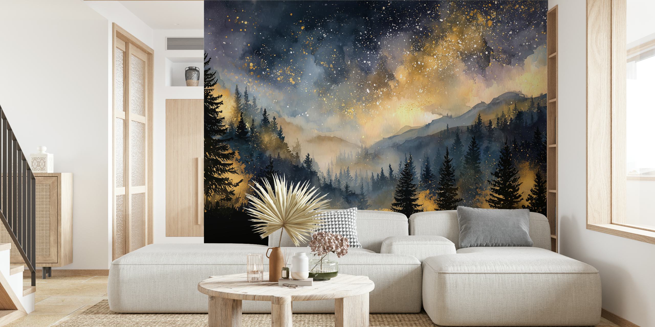 Forest silhouette against a starry gold and blue night sky wallpaper