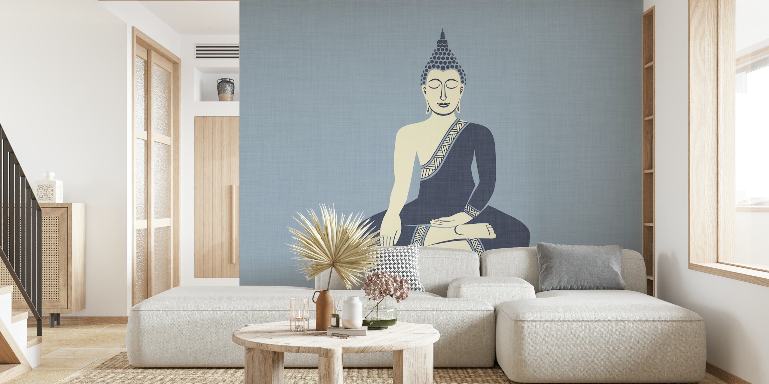 Seated Buddha in Meditation Blue wallpaper in room