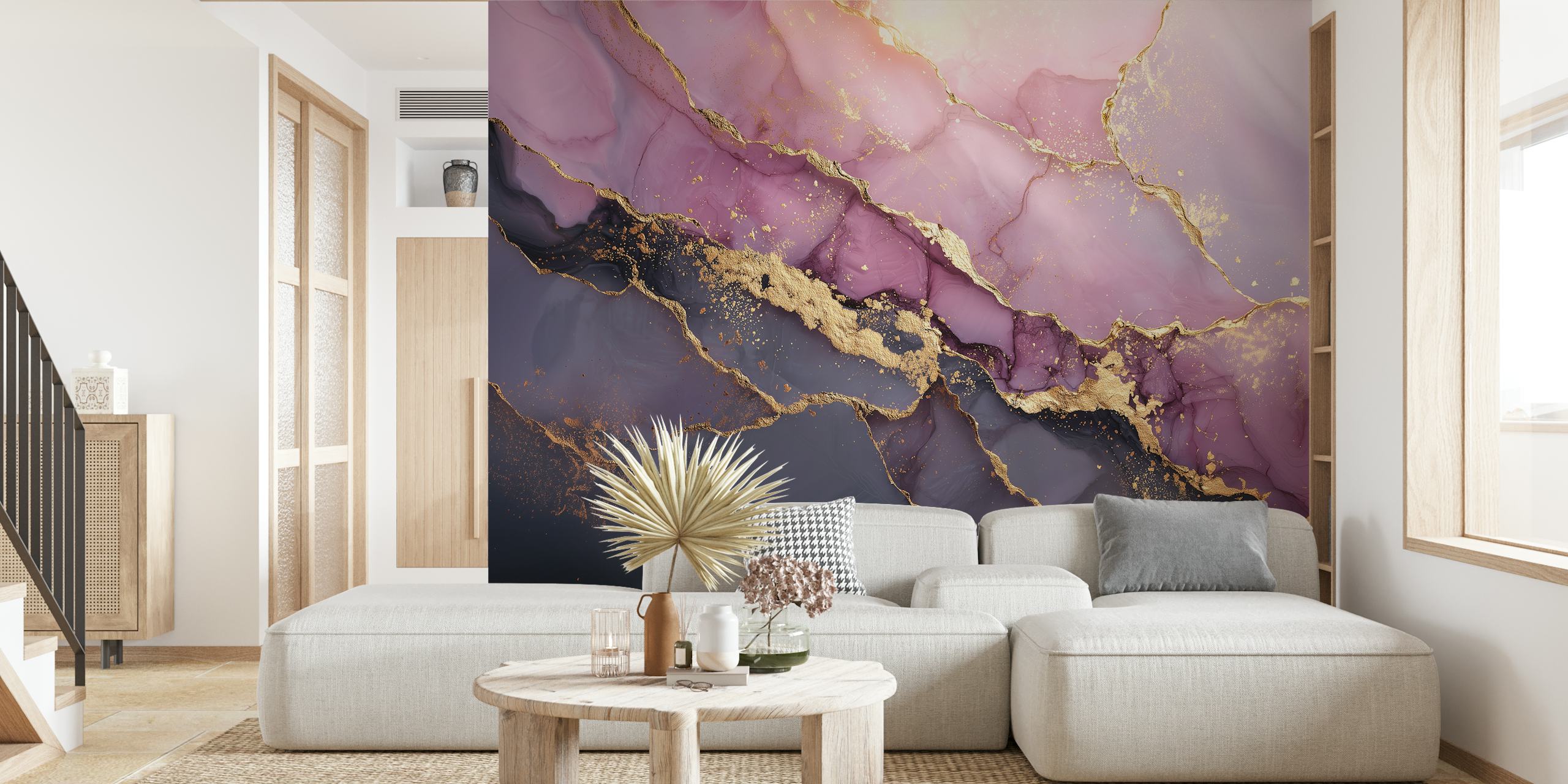 Lavender and gold waves wallpaper in a room