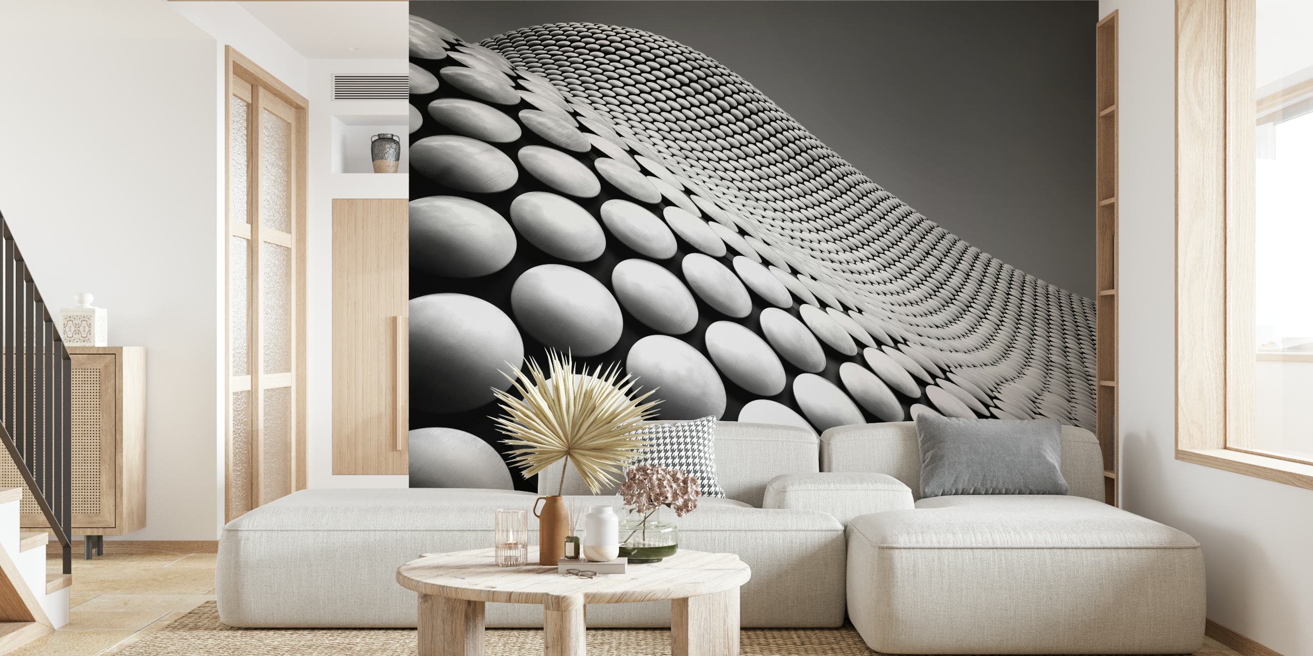 Abstract black and white wall mural with 3D curved pattern design from happywall.com