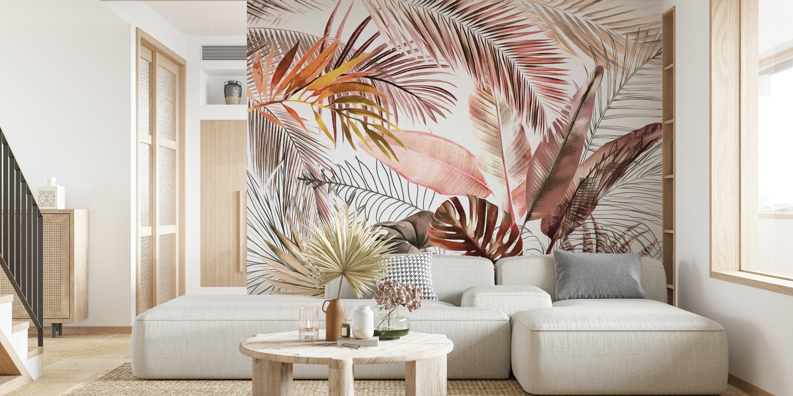 Elegant Tropical Foliage Wall Mural with a mix of Palm Leaves and Botanical Elements