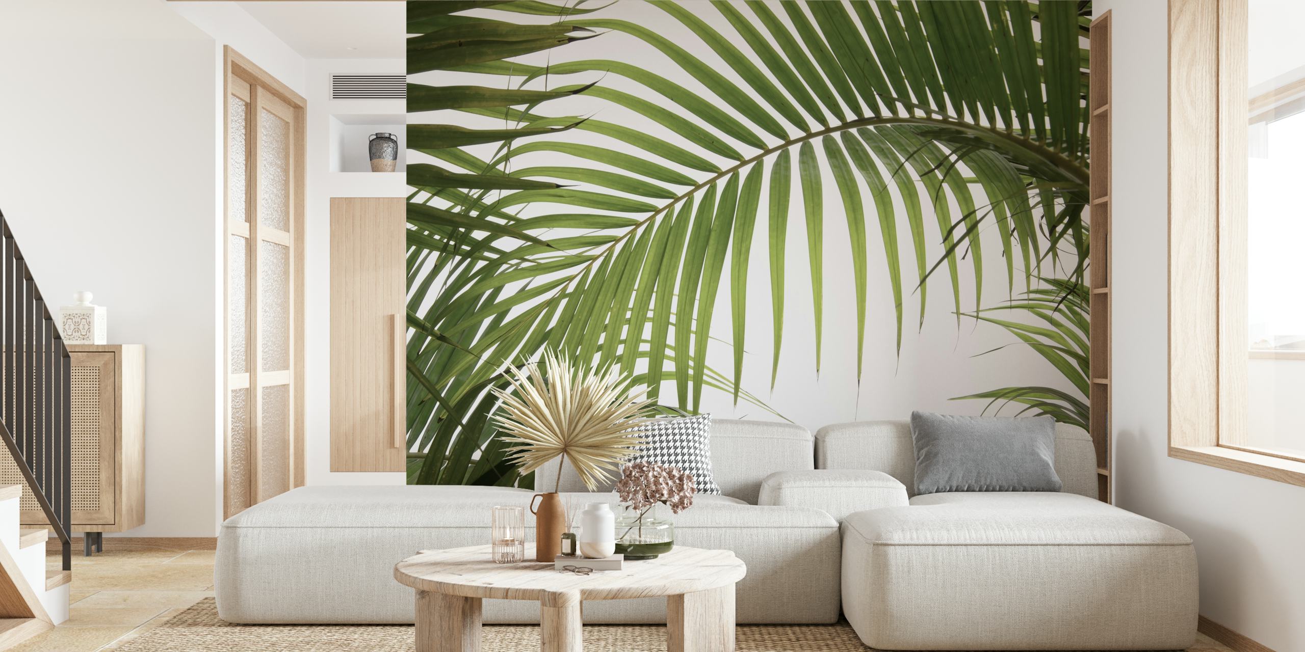 Green tropical palm leaves on soft white background wallpaper