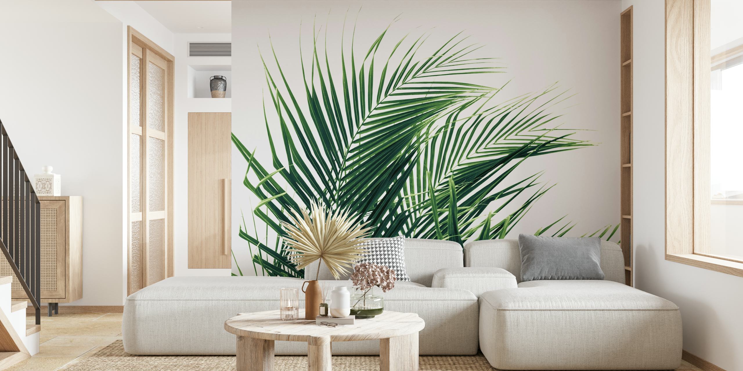 Tropical green palm leaves on a white background wallpaper