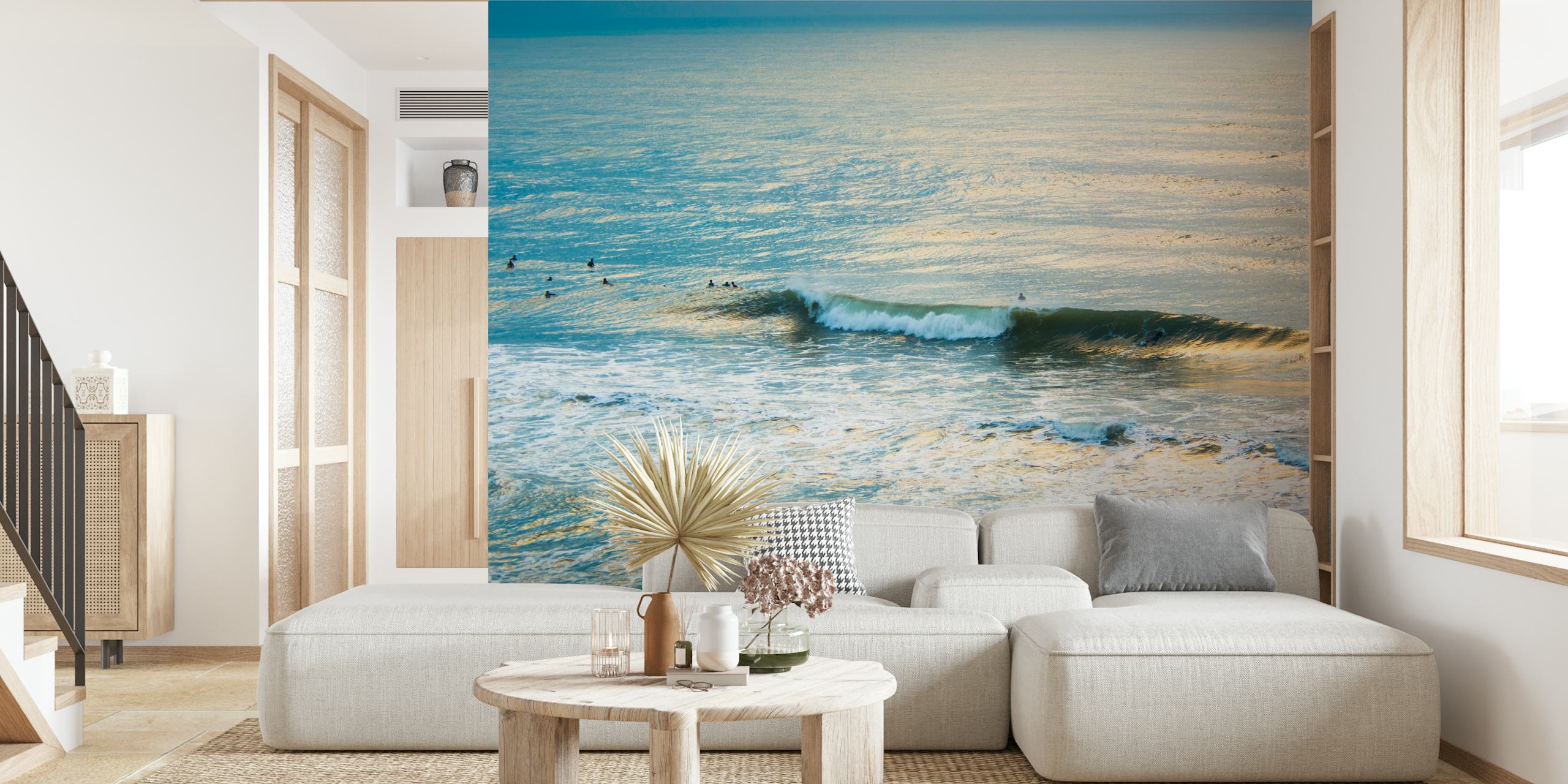 Ocean waves and surfers in blue tones wallpaper