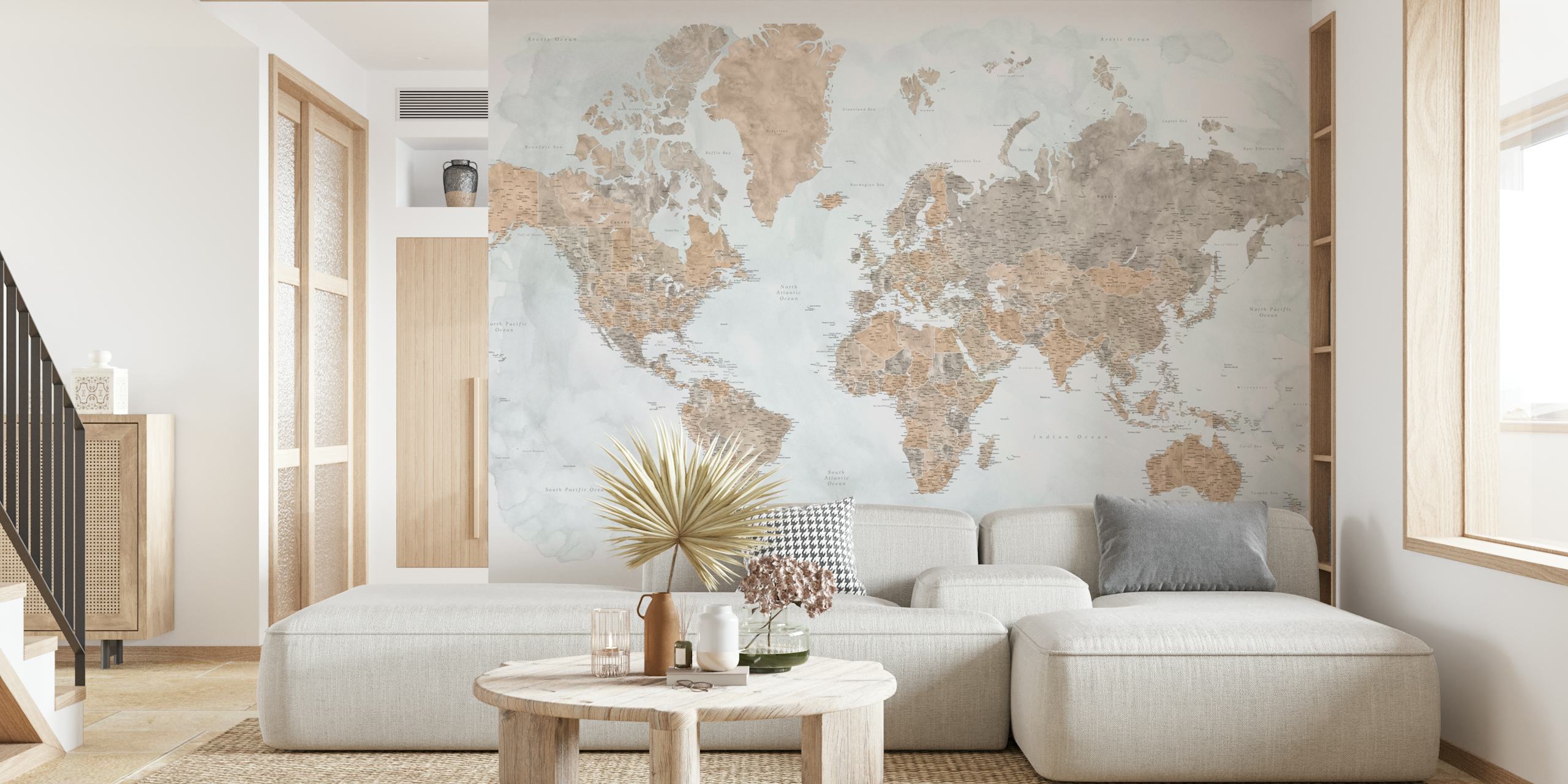 high-detail vintage world map wall mural in earth tones