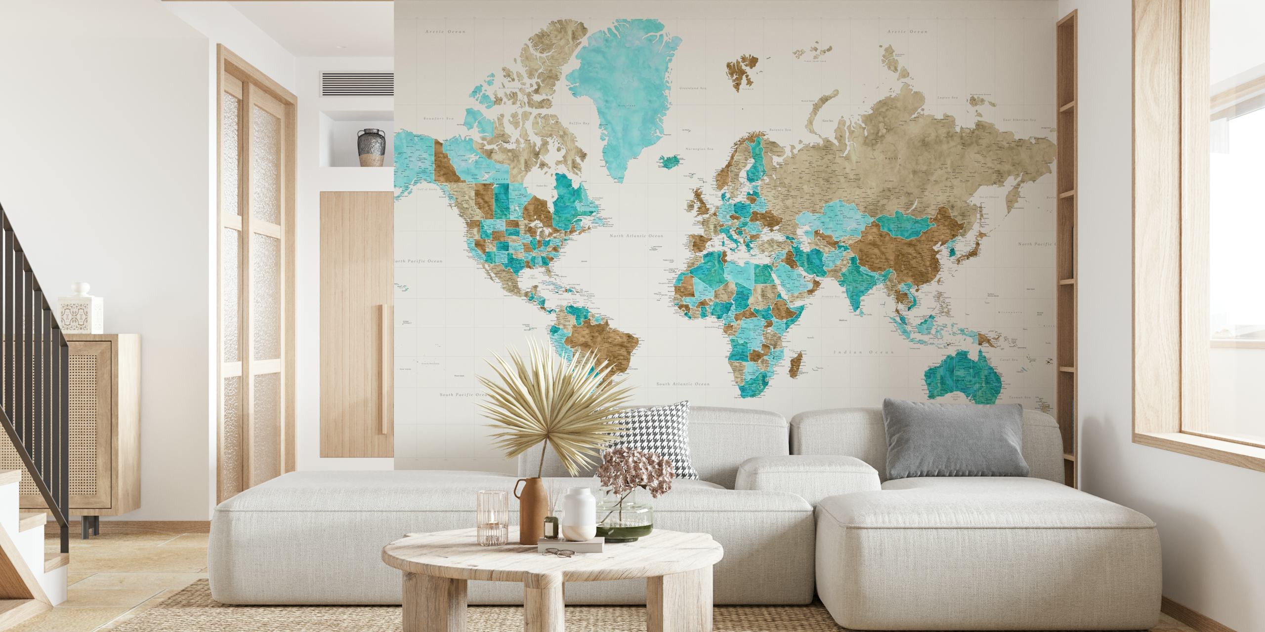 World map in sandy brown and turquoise colors wallpaper
