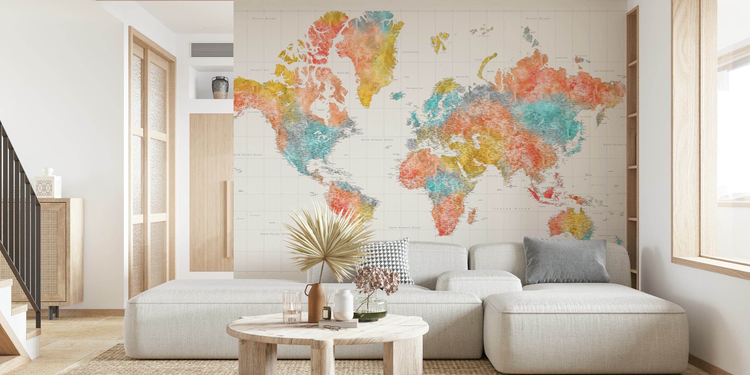 Colorful watercolor world map wallpaper with orange, teal, and yellow hues