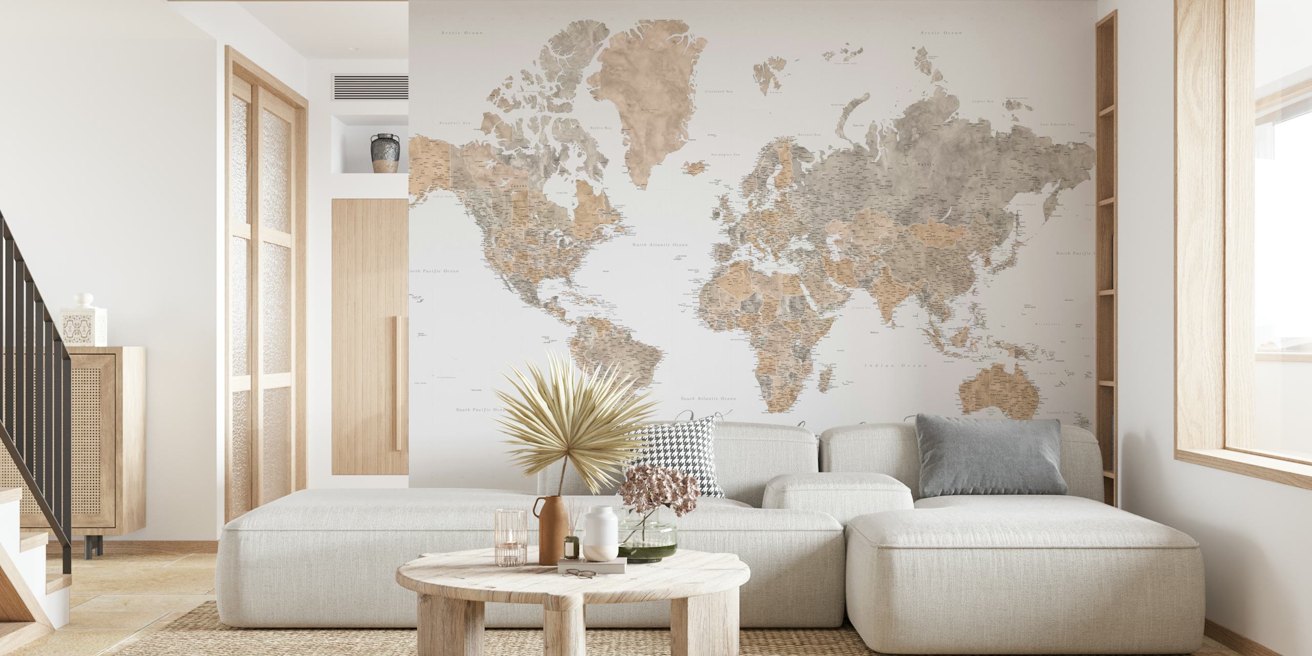 Wanderlust Abbey World Map HD wall mural with sepia and slate tones