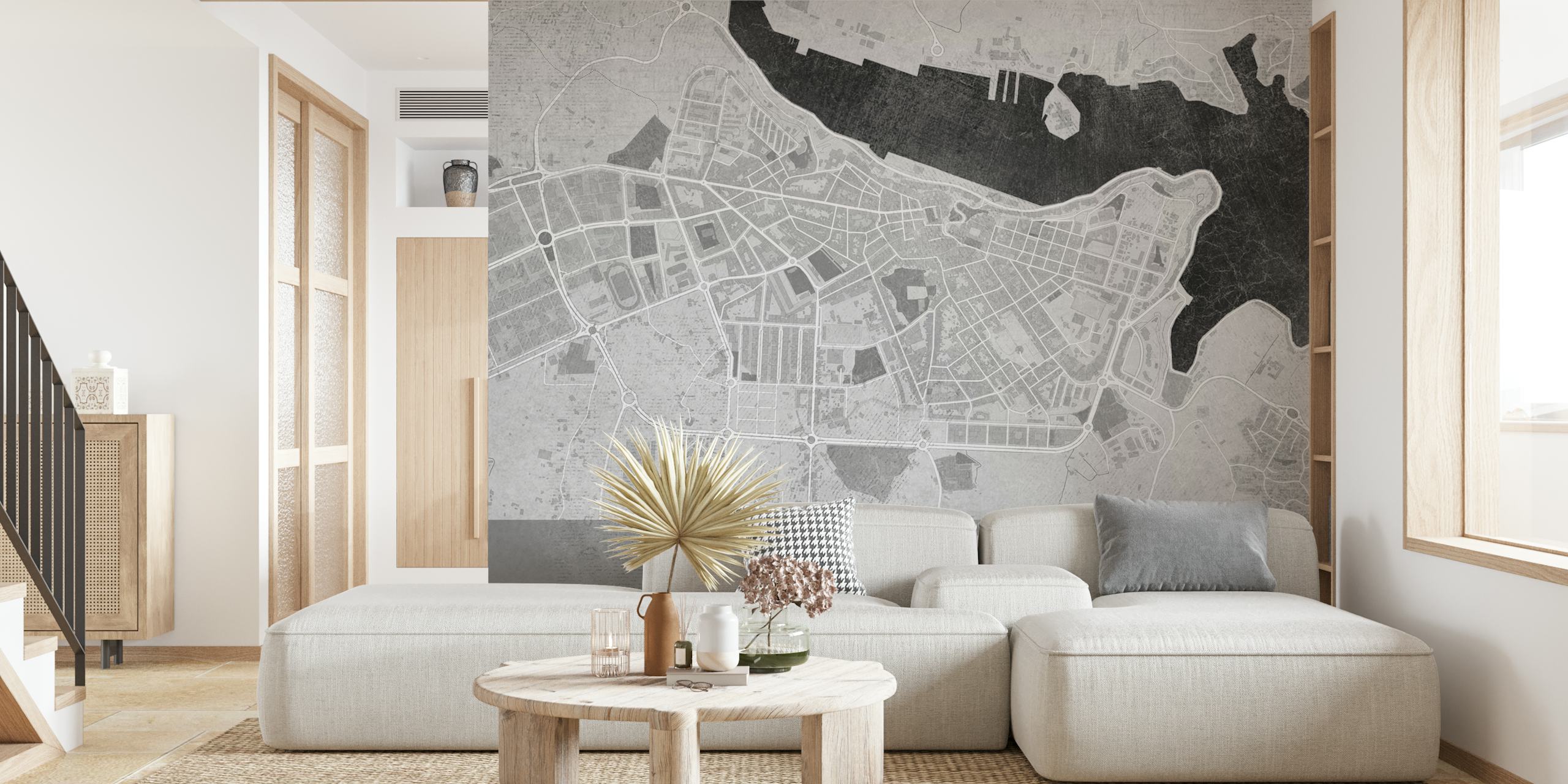 Gray map of Mahon Spain wallpaper in room