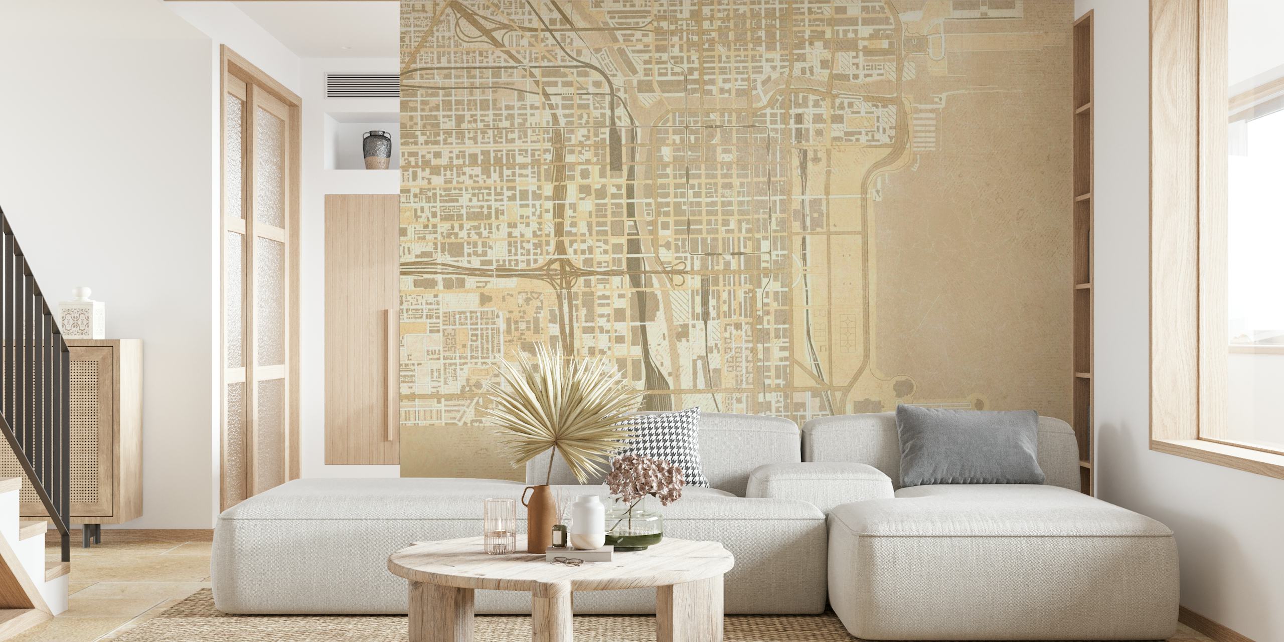 Intricately designed Vintage Chicago Map Wallpaper in sepia tones