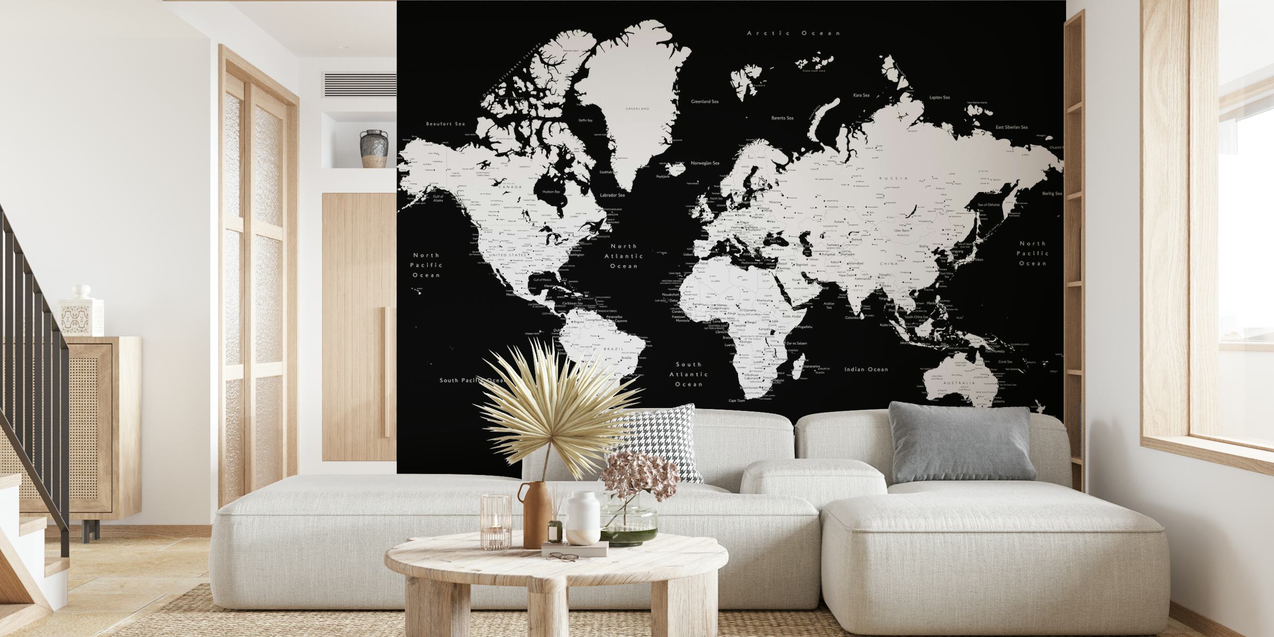 Connie world map with cities tapet i et rum
