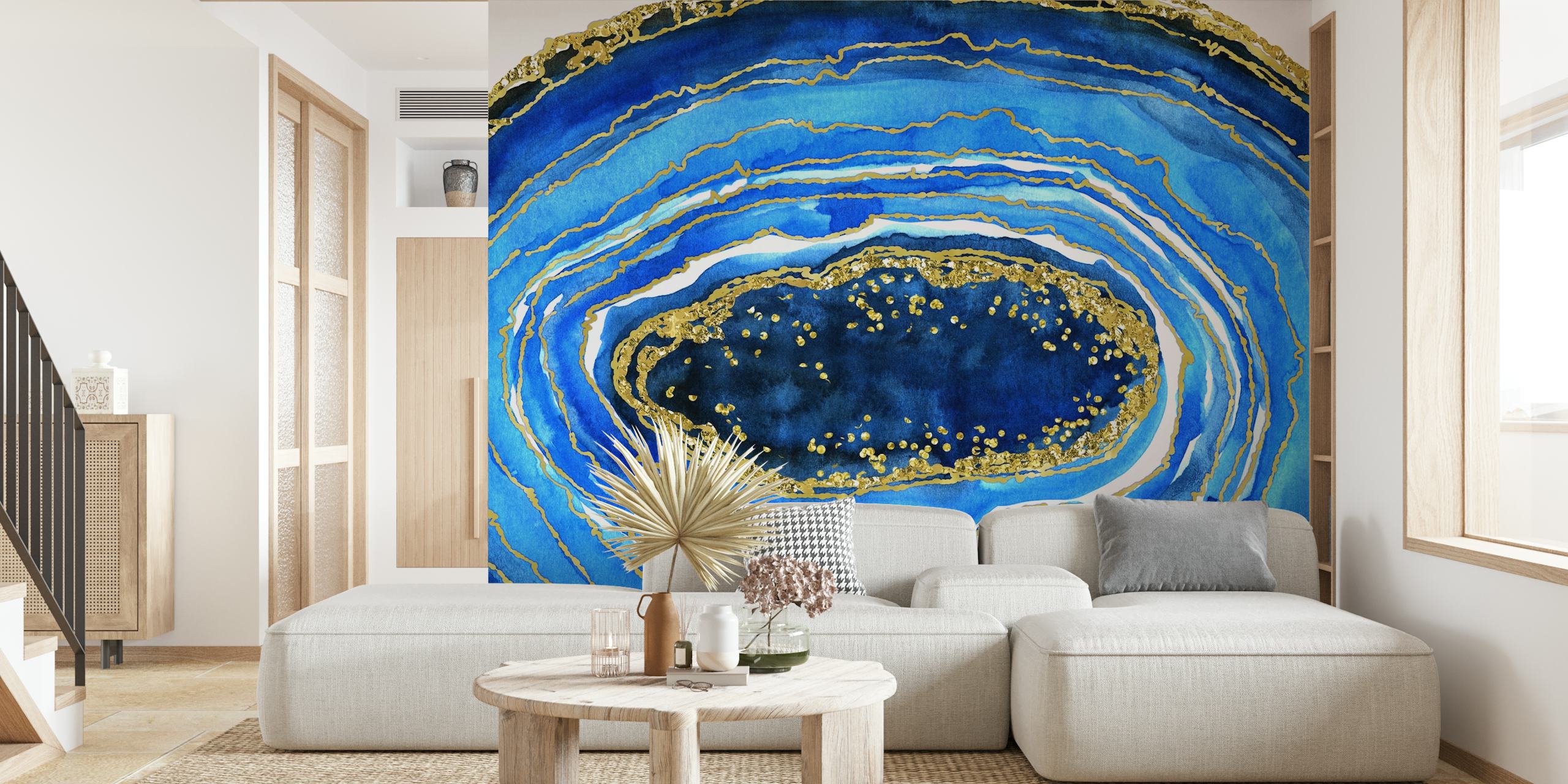 Cobalt blue and gold geode wallpaper in a room