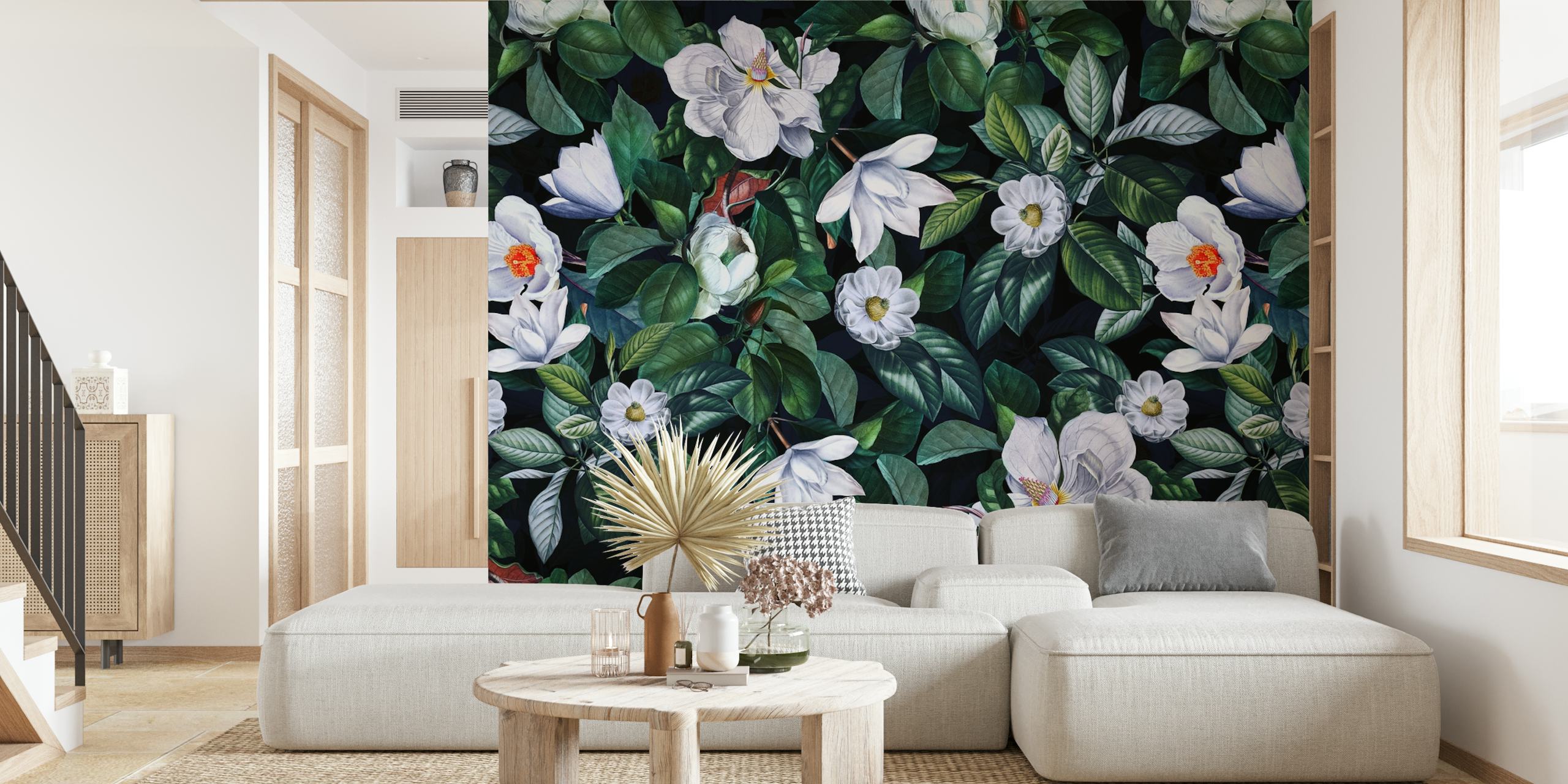 White magnolia flowers and green leaves on dark background wallpaper