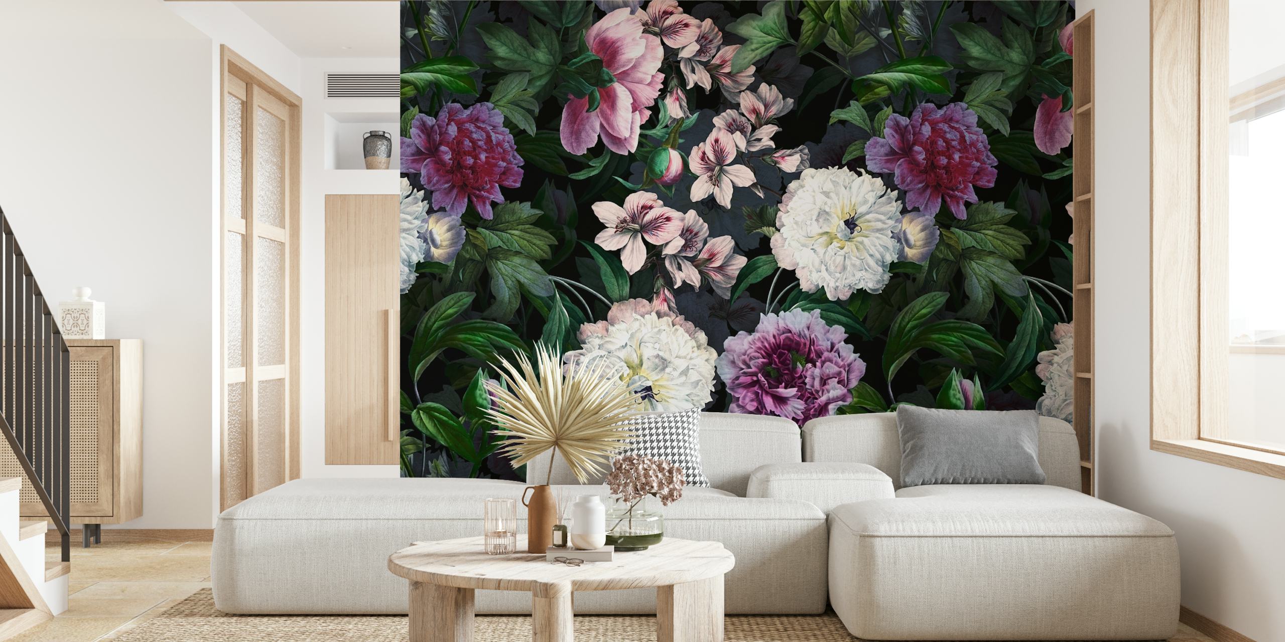 Pink and white peonies with green leaves wallpaper