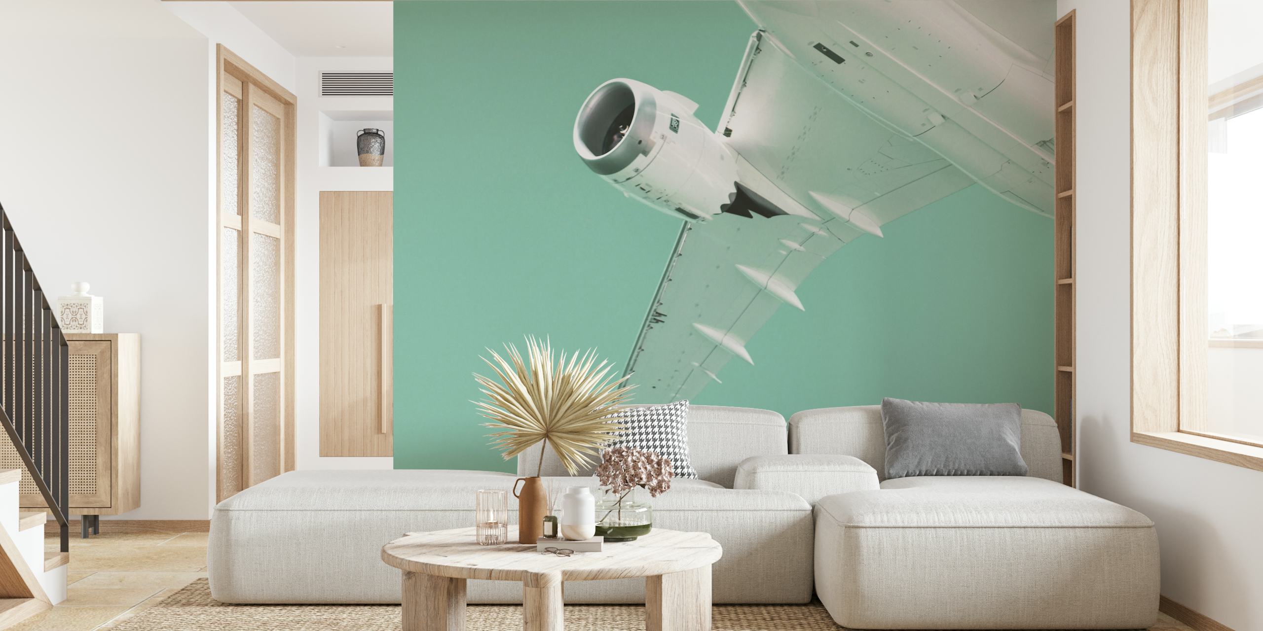 Geometric airplane wing and engine detail in teal wallpaper