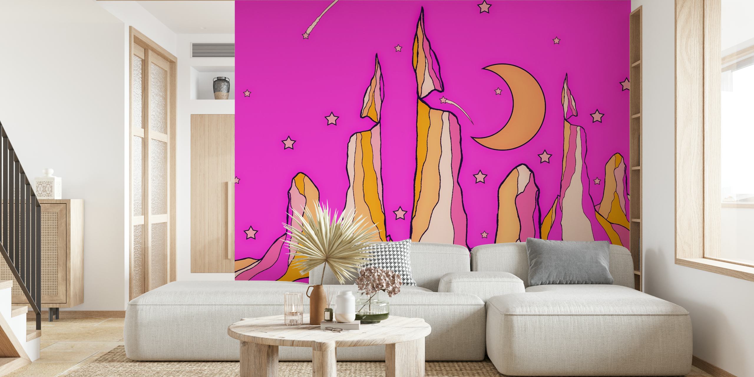 Whimsical wallpaper design of peaks and moon