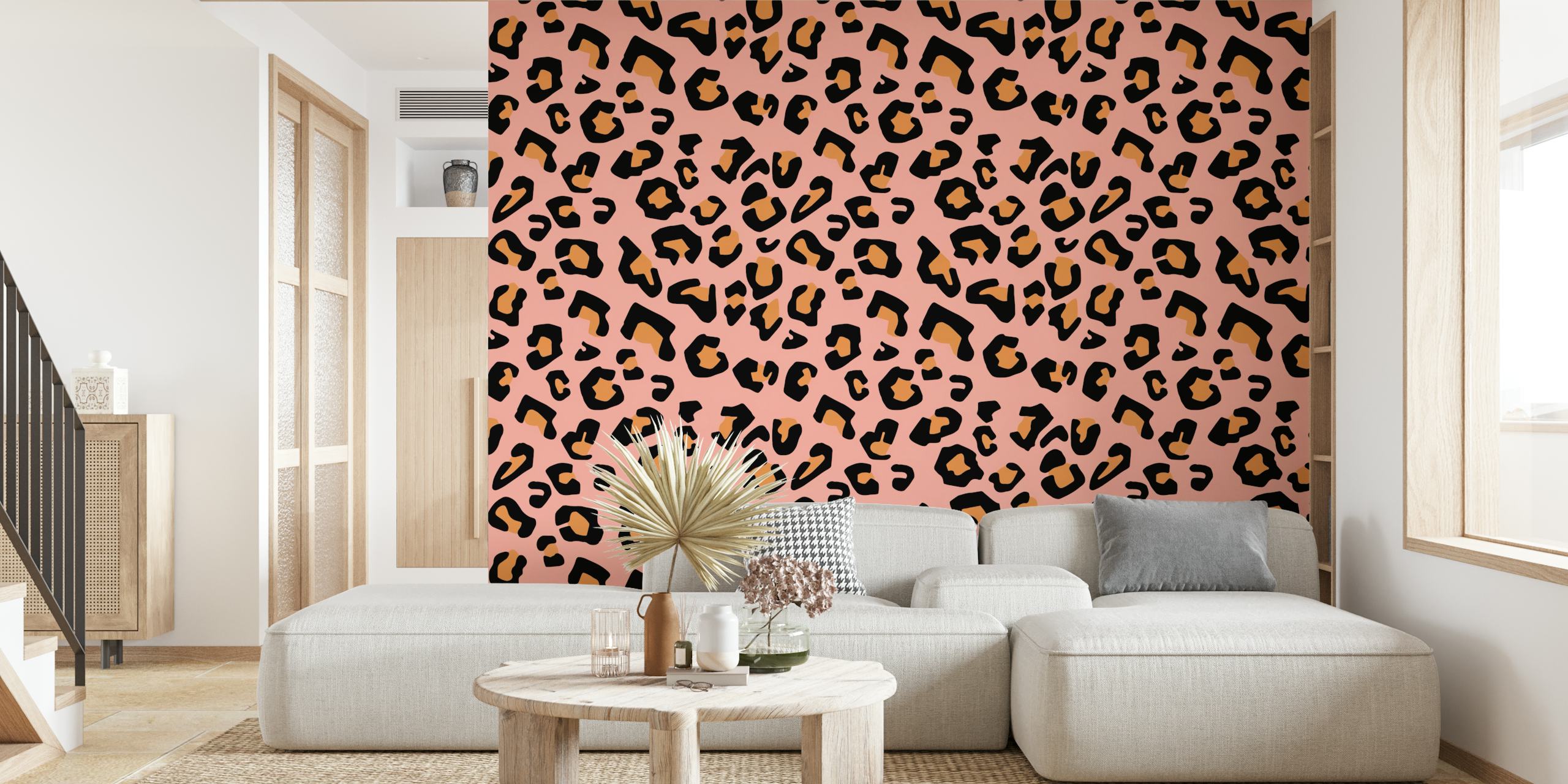Modern leopard print pattern wall mural on a pale pink background