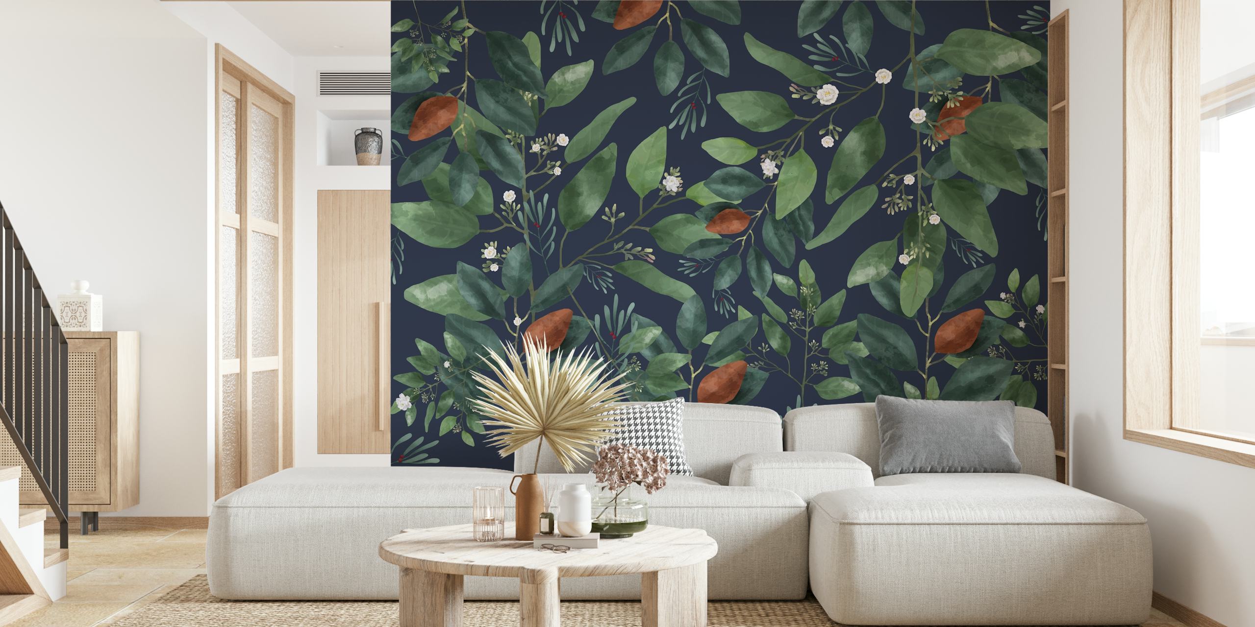 Navy background with greenery and white flowers wallpaper