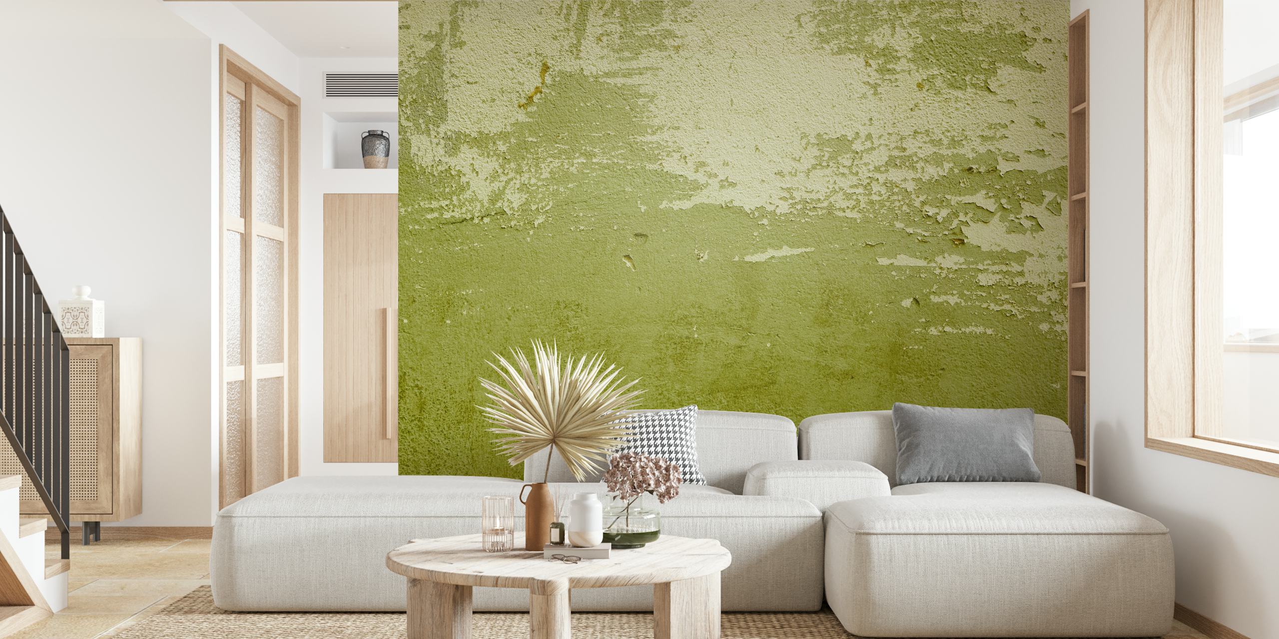 Textured green wallpaper with peeling paint effect